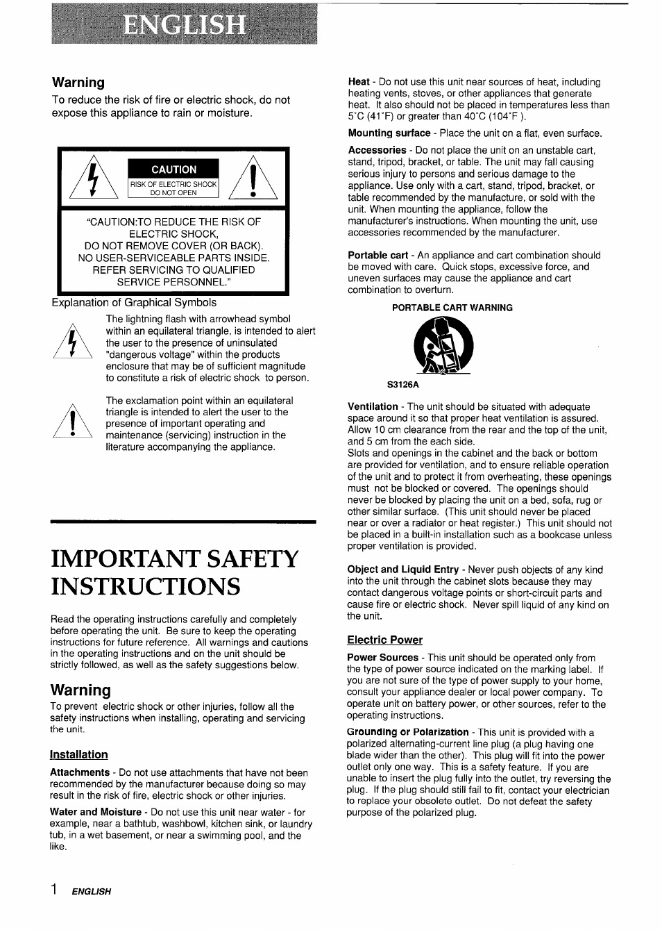 Warning, Installation, Electric power | Important safety instructions | Aiwa VX-S135U User Manual | Page 2 / 110