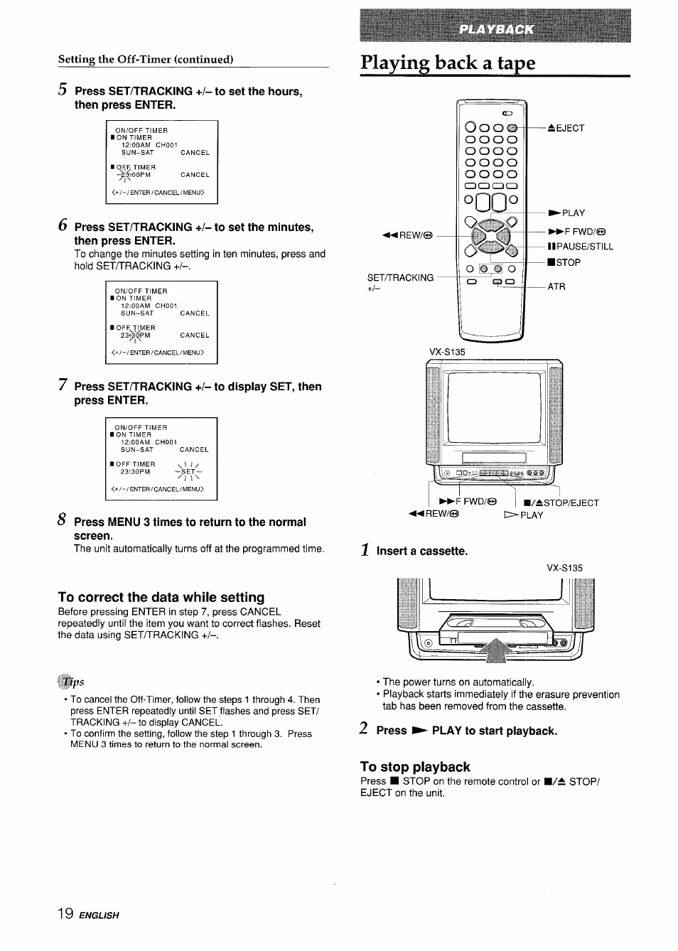 To correct the data while setting, 1 insert a cassette, 2 press ► play to start playback | To stop playback, Flaying back a tape | Aiwa VX-S135U User Manual | Page 20 / 110