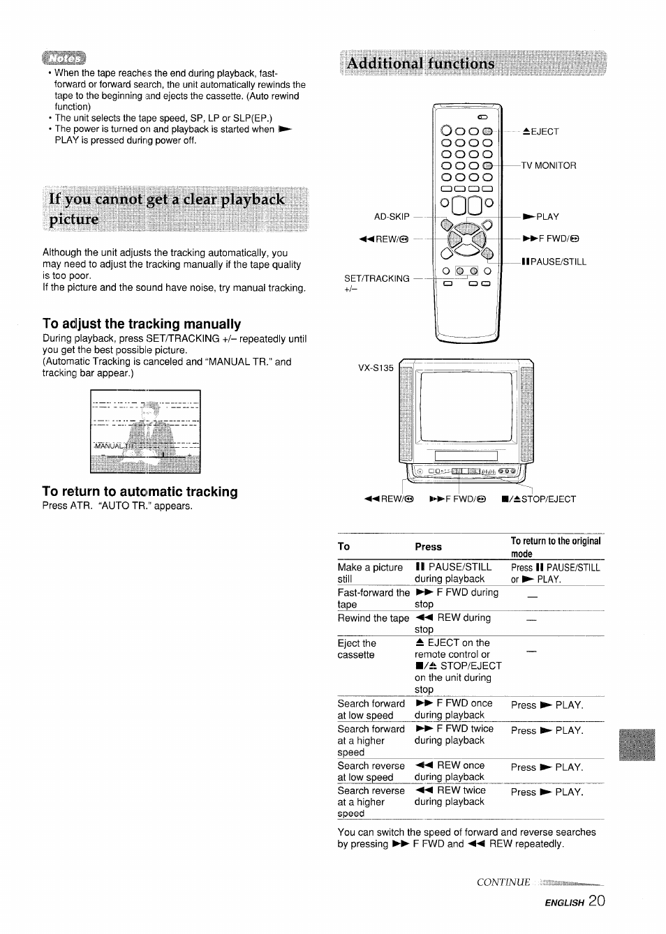 If you cannot get a clear playback picture, To adjust the tracking manually, To return to automatic tracking | Additional functions | Aiwa VX-S135U User Manual | Page 21 / 110