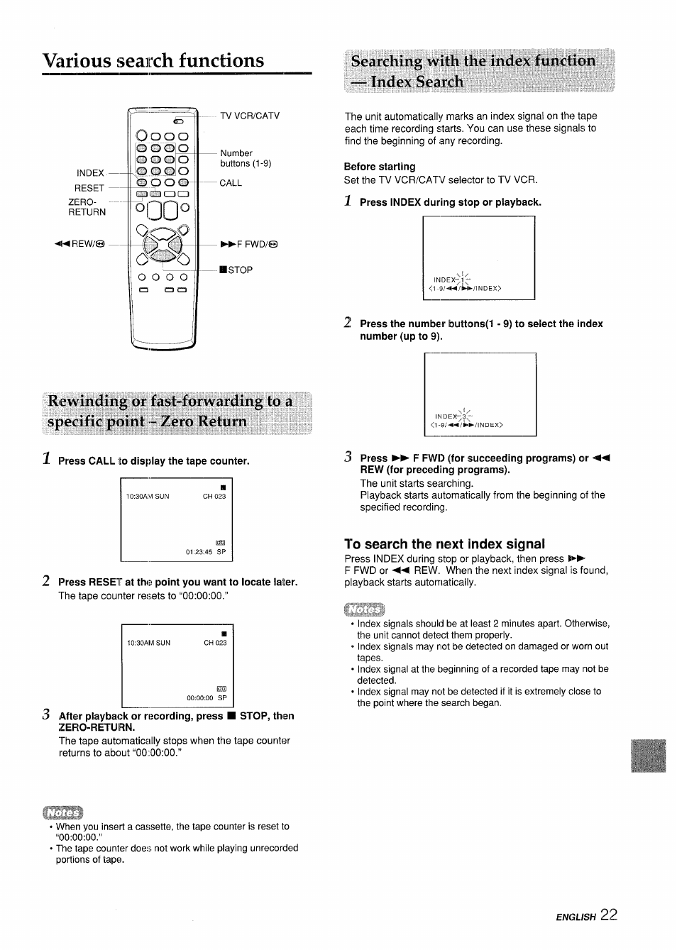 Searching with the index function — index search, Before starting, 1 press index during stop or playback | 1 press call to display the tape counter, To search the next index signal, Various search functions, O o o o, O o o | Aiwa VX-S135U User Manual | Page 23 / 110