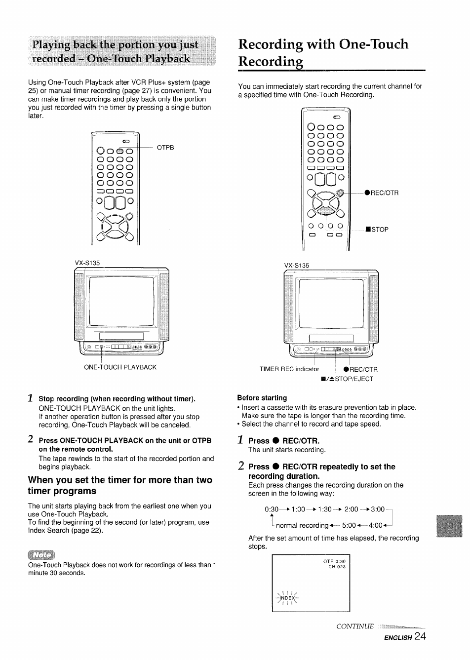 Recording with one-touch recording, 1 stop recording (when recording without timer), Before starting | 1 press • rec/otr, O o o, O o o o | Aiwa VX-S135U User Manual | Page 25 / 110