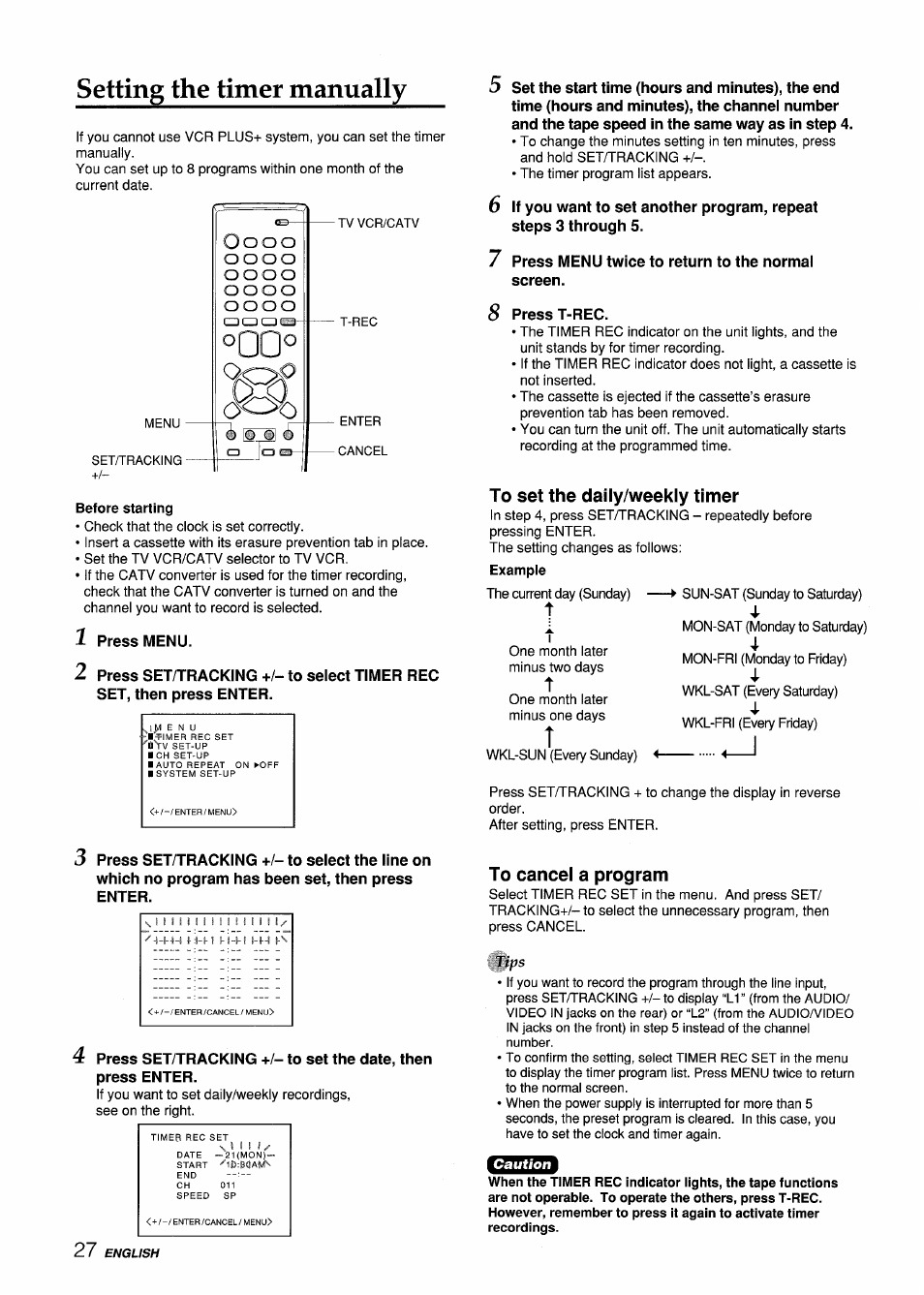 Setting the timer manually, To set the daily/weekly timer, To cancel a program | Aiwa VX-S135U User Manual | Page 28 / 110