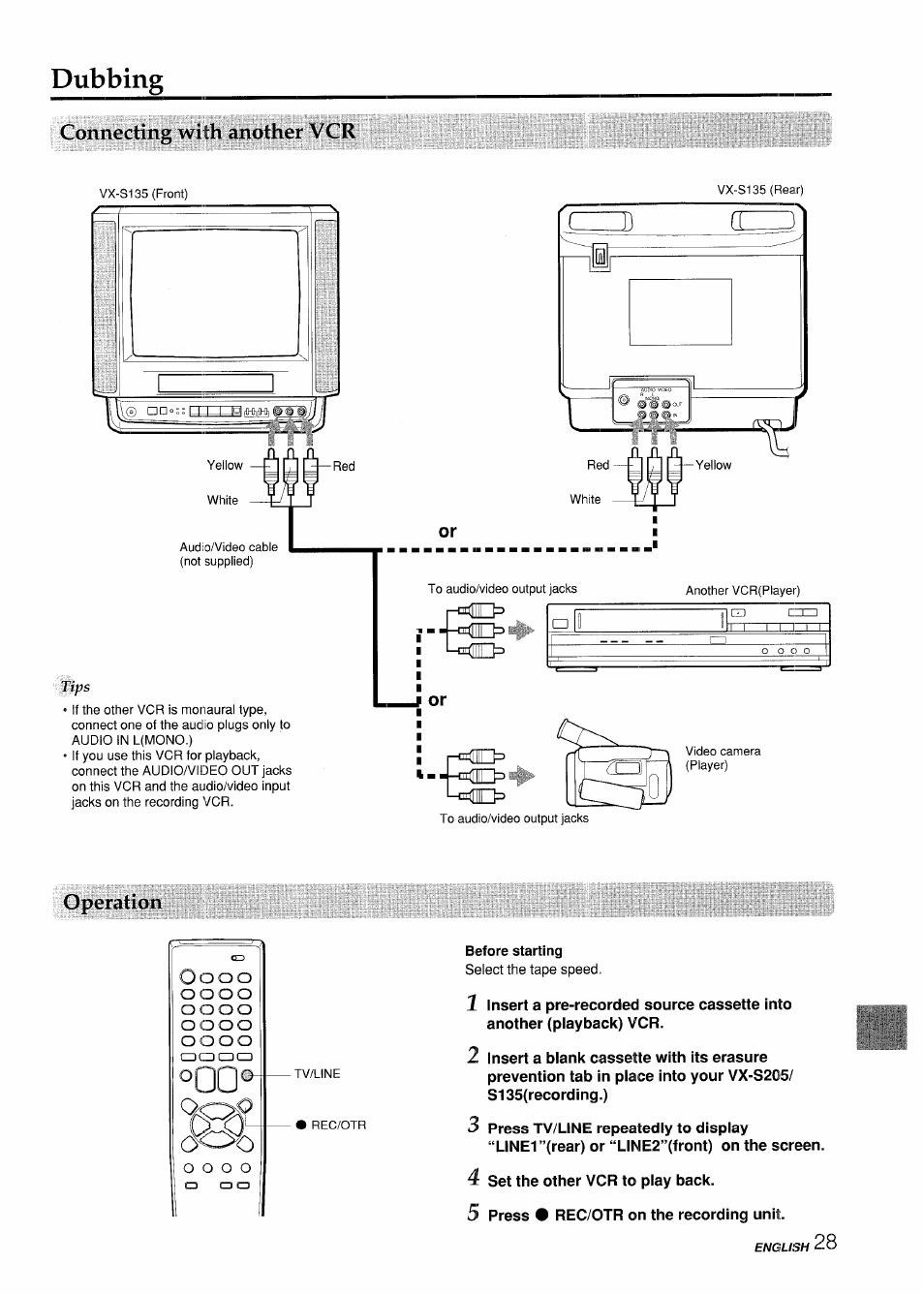 Connecting with another vcr, Operation, 4 set the other vcr to play back | 5 press • rec/otr on the recording unit, Connecting the antenna, Dubbing | Aiwa VX-S135U User Manual | Page 29 / 110