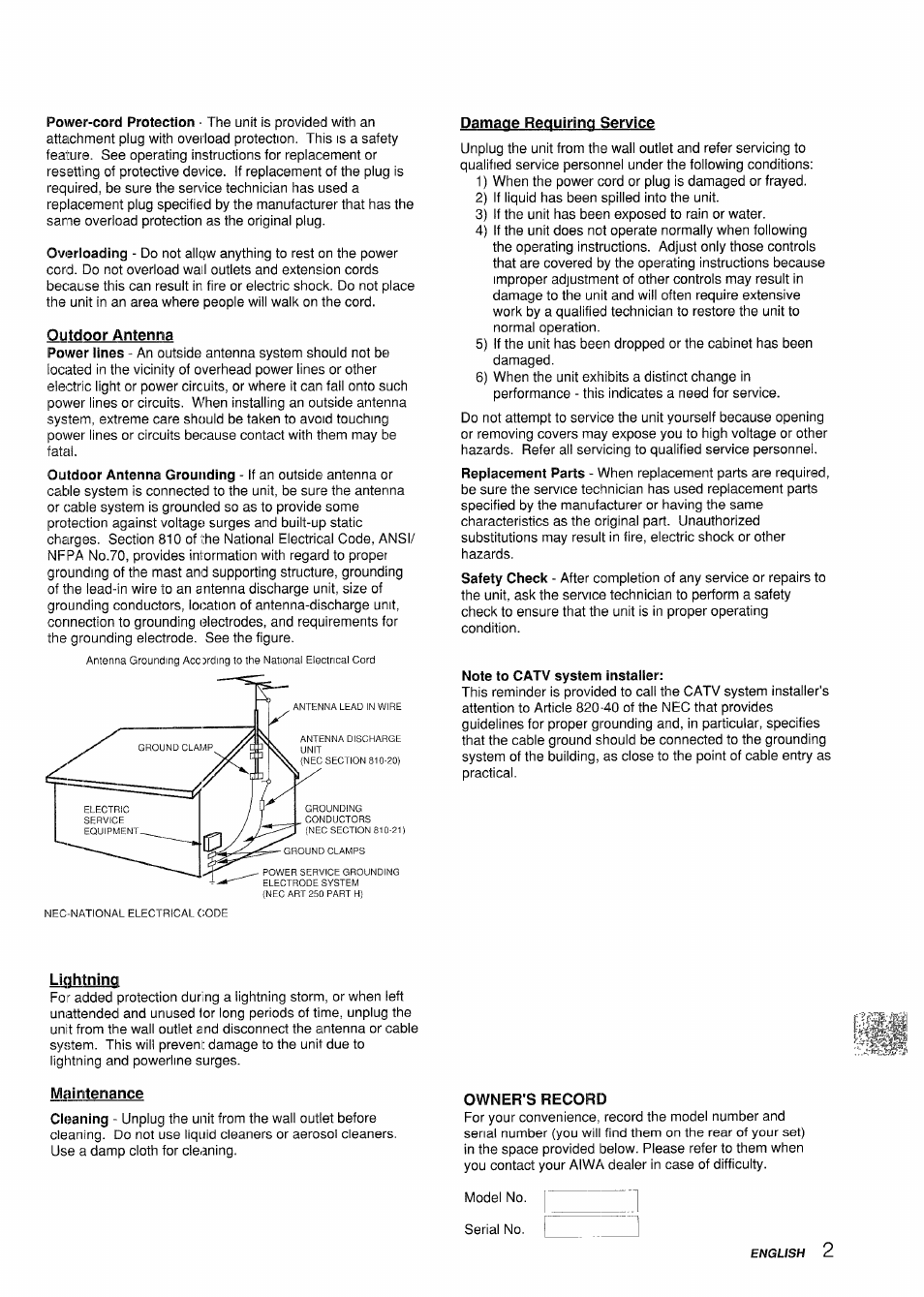 Outdoor antenna, Damage requiring service, Note to catv system installer | Lightning, Maintenance, Owner's record | Aiwa VX-S135U User Manual | Page 3 / 110