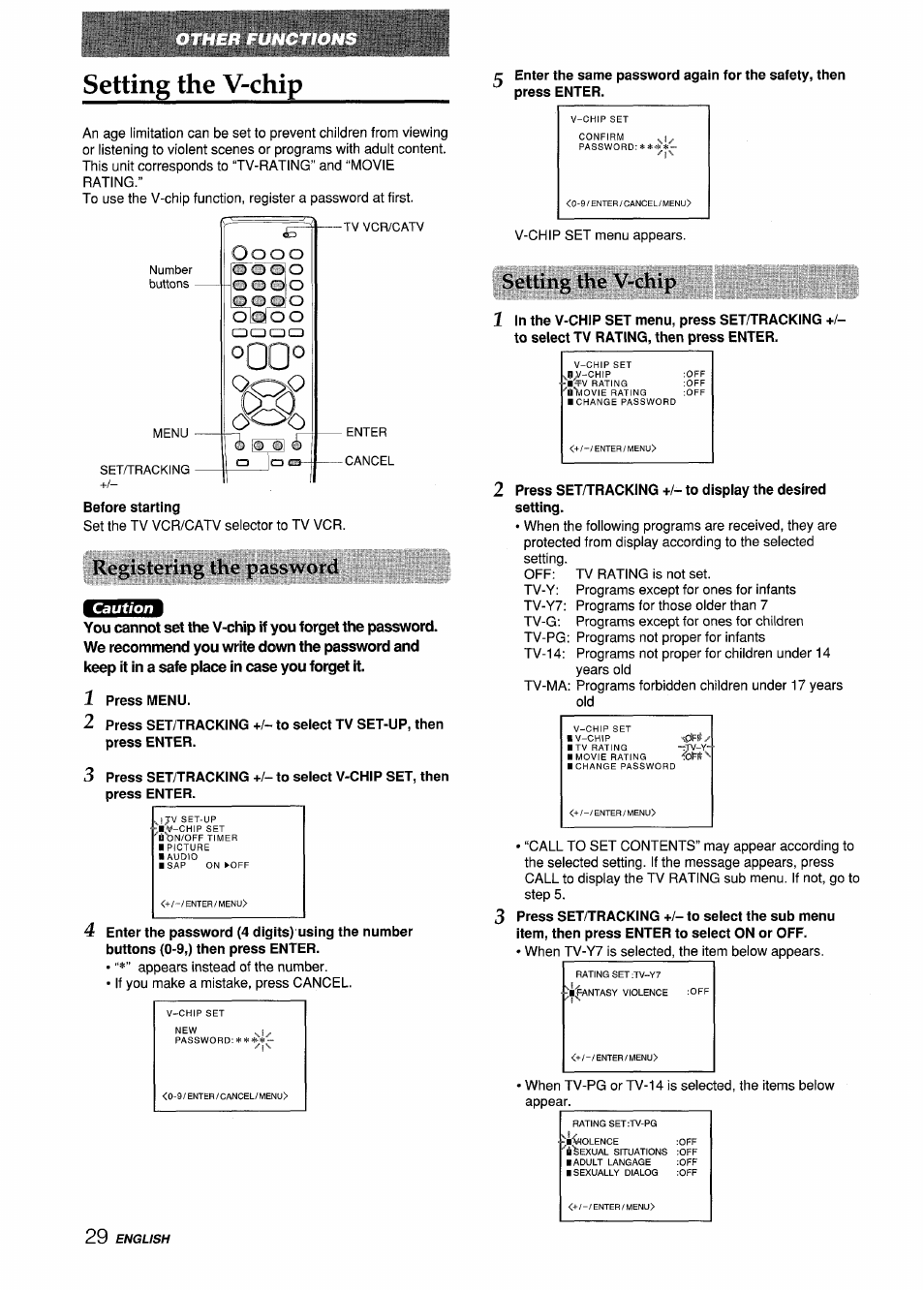 Setting the v-chip, Rogislcving the password, Selling the v-chip | Caution | Aiwa VX-S135U User Manual | Page 30 / 110