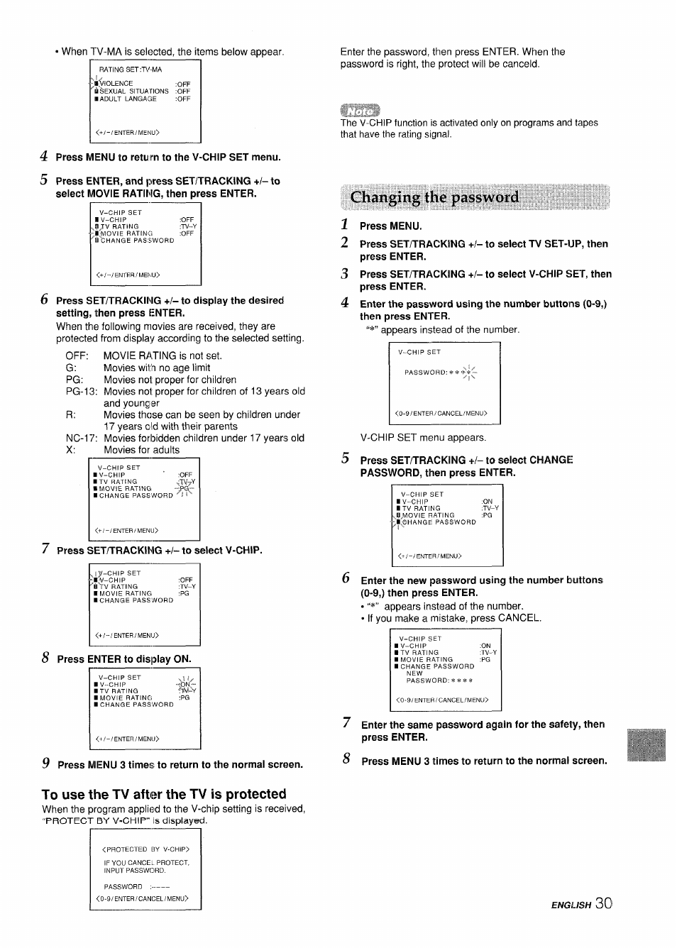 Changing the password, To use the tv after the tv is protected | Aiwa VX-S135U User Manual | Page 31 / 110