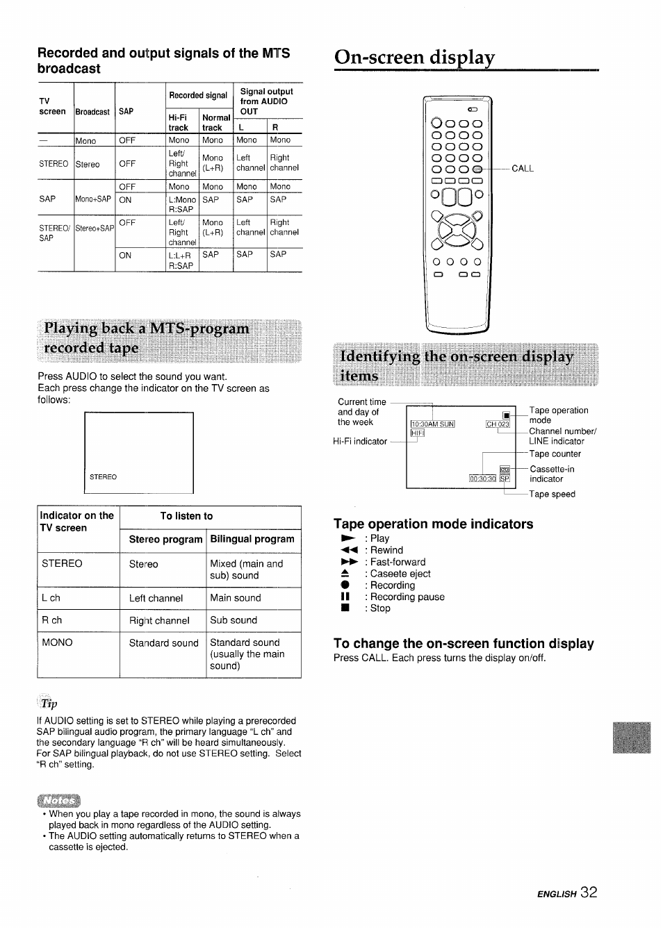 Recorded and output signals of the mts broadcast, Qn-screen display, Playing back a mts-program recorded tape | Identifying the on-screen displa)'^ items, Tape operation mode indicators, To change the on-screen function display, On-screen display | Aiwa VX-S135U User Manual | Page 33 / 110