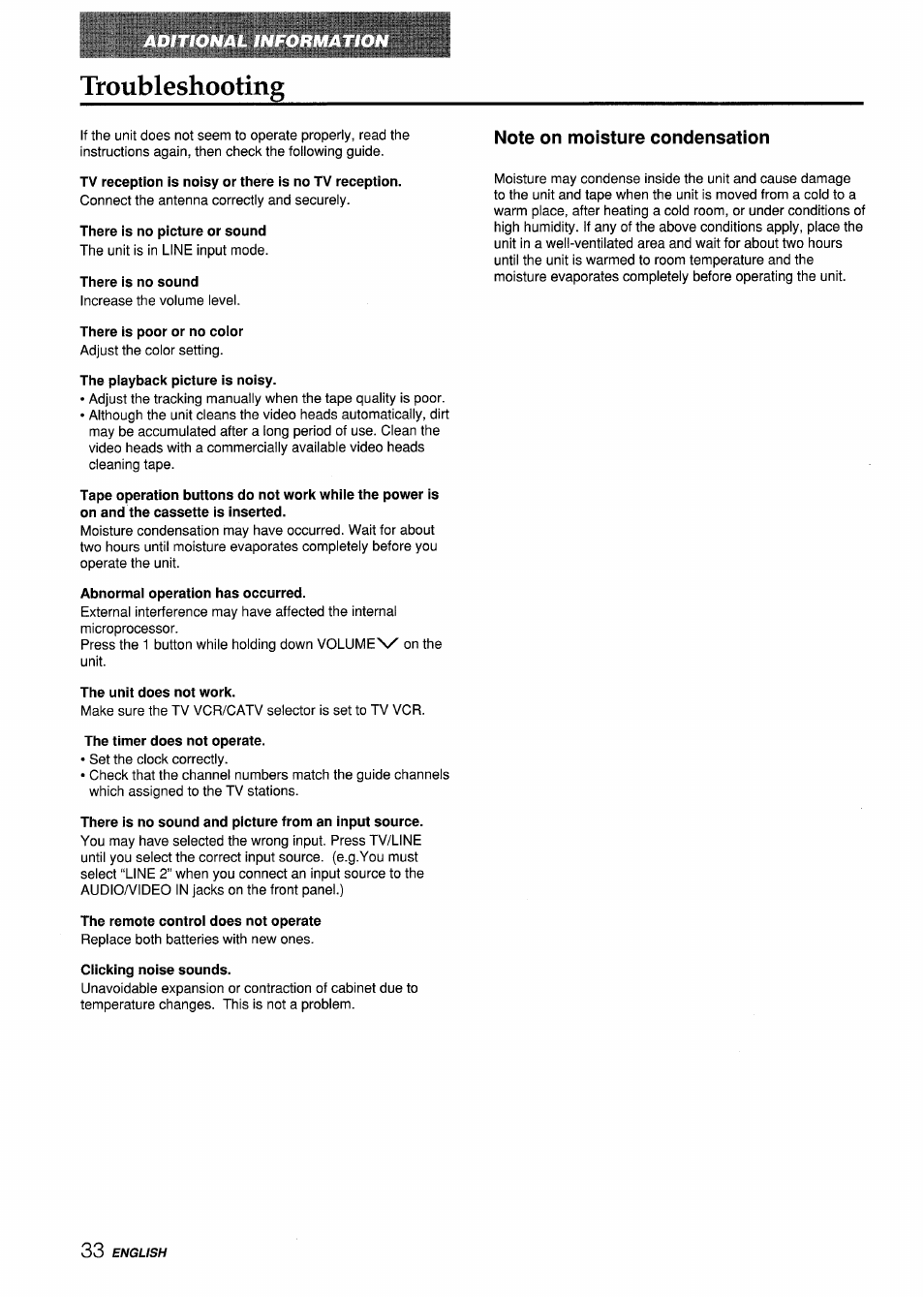 Troubleshooting, Tv reception is noisy or there is no tv reception, There is no picture or sound | There is no sound, There is poor or no color, The playback picture is noisy, Abnormal operation has occurred, The unit does not work, The timer does not operate, There is no sound and picture from an input source | Aiwa VX-S135U User Manual | Page 34 / 110