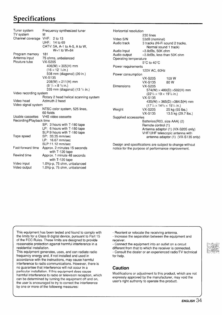 Specifications, Caution | Aiwa VX-S135U User Manual | Page 35 / 110