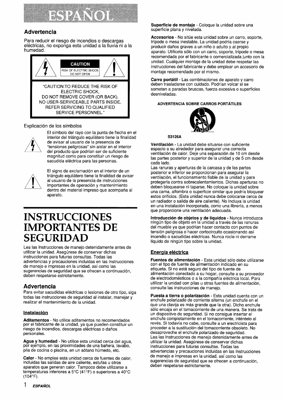 Advertencia, Instalación, Energía eléctrica | Instrucciones importantes de seguridad | Aiwa VX-S135U User Manual | Page 38 / 110