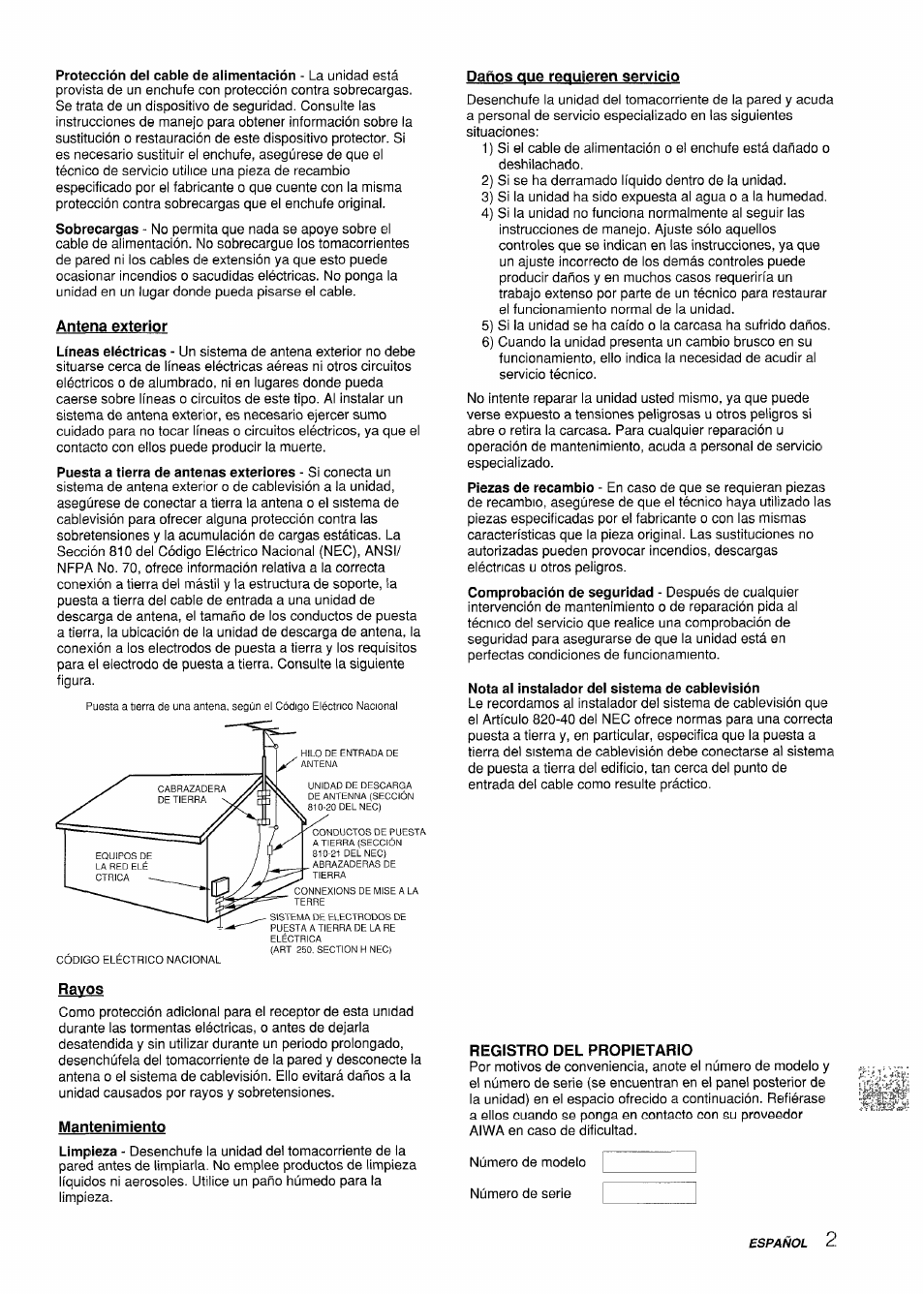 Antena exterior, Daños que requieren servicio, Nota ai instalador del sistema de cablevisión | Rayos, Mantenimiento, Registro del propietario | Aiwa VX-S135U User Manual | Page 39 / 110