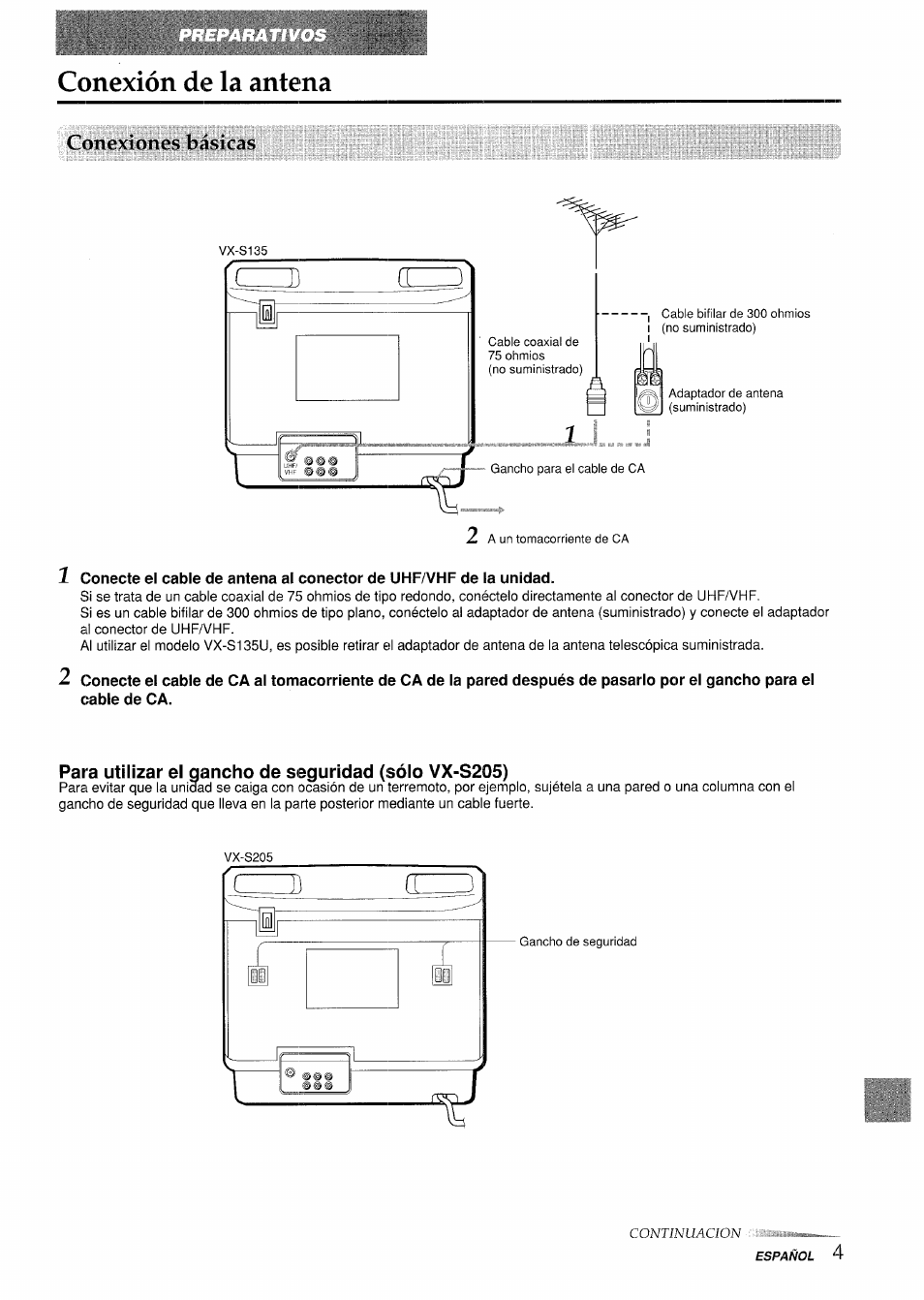 Conexiones básicas, Conexión de la antena | Aiwa VX-S135U User Manual | Page 41 / 110