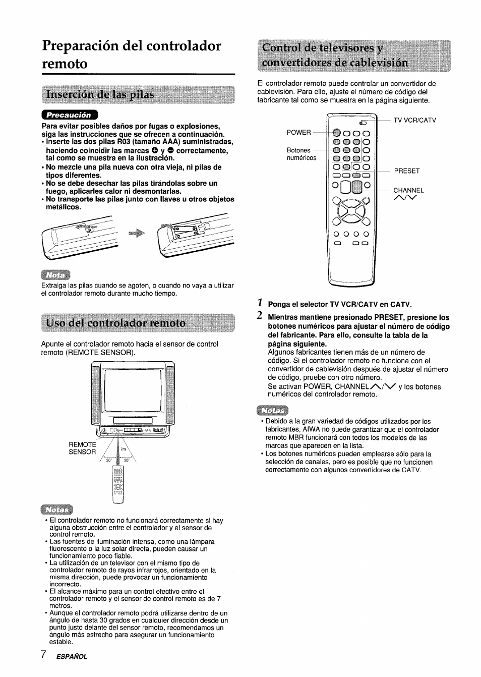 Preparación del controlador remoto, Inscm'ción de l<is piuis, Uso dd controlcidor remoto | Ponga el selector tv vcr/catv en catv | Aiwa VX-S135U User Manual | Page 44 / 110