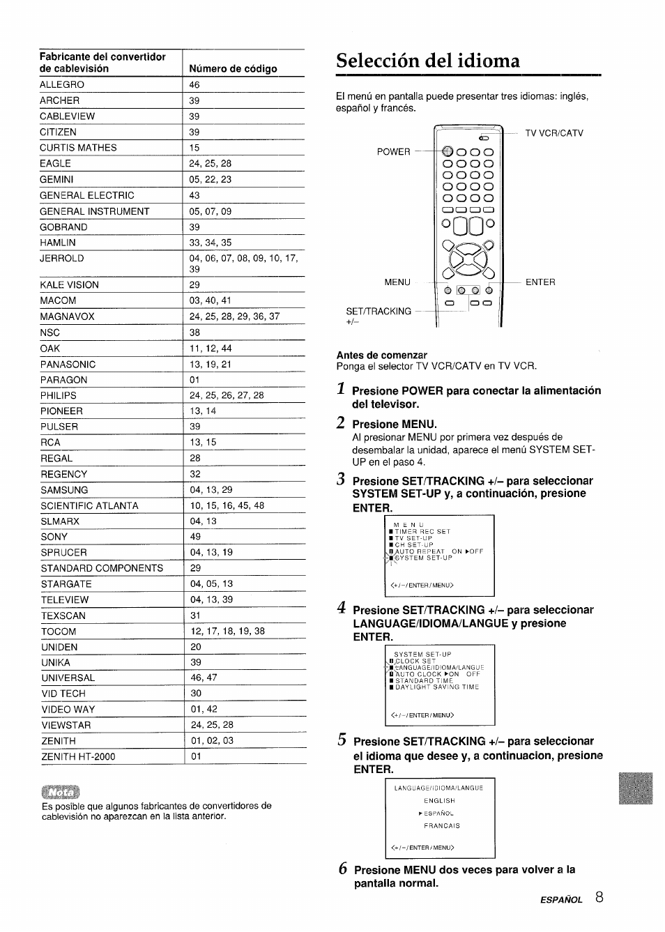 Selección del idioma, Antes de comenzar | Aiwa VX-S135U User Manual | Page 45 / 110