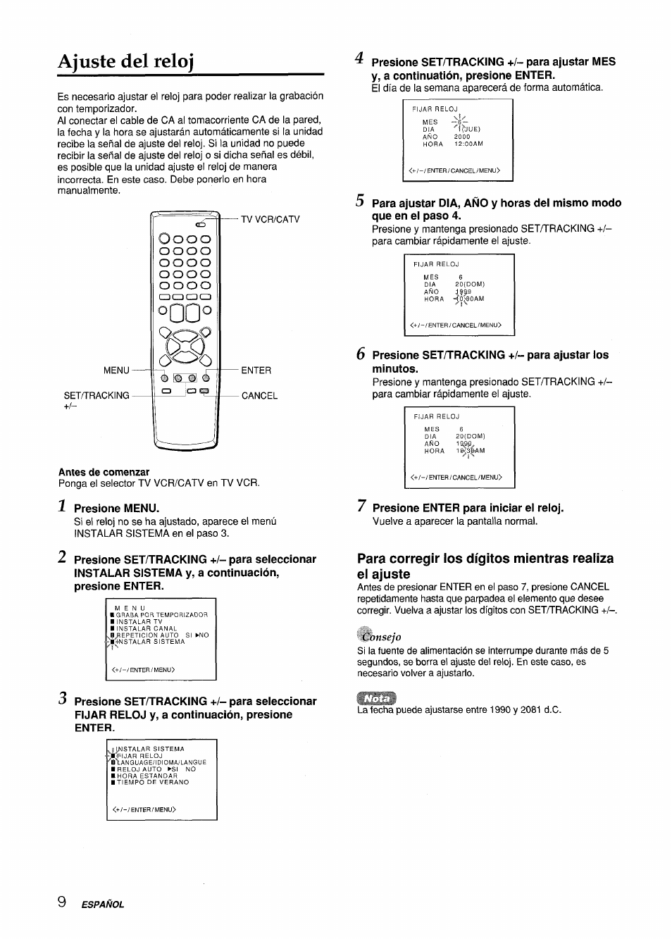 Ajuste del reloj, Antes de comenzar, Consejo | Aiwa VX-S135U User Manual | Page 46 / 110