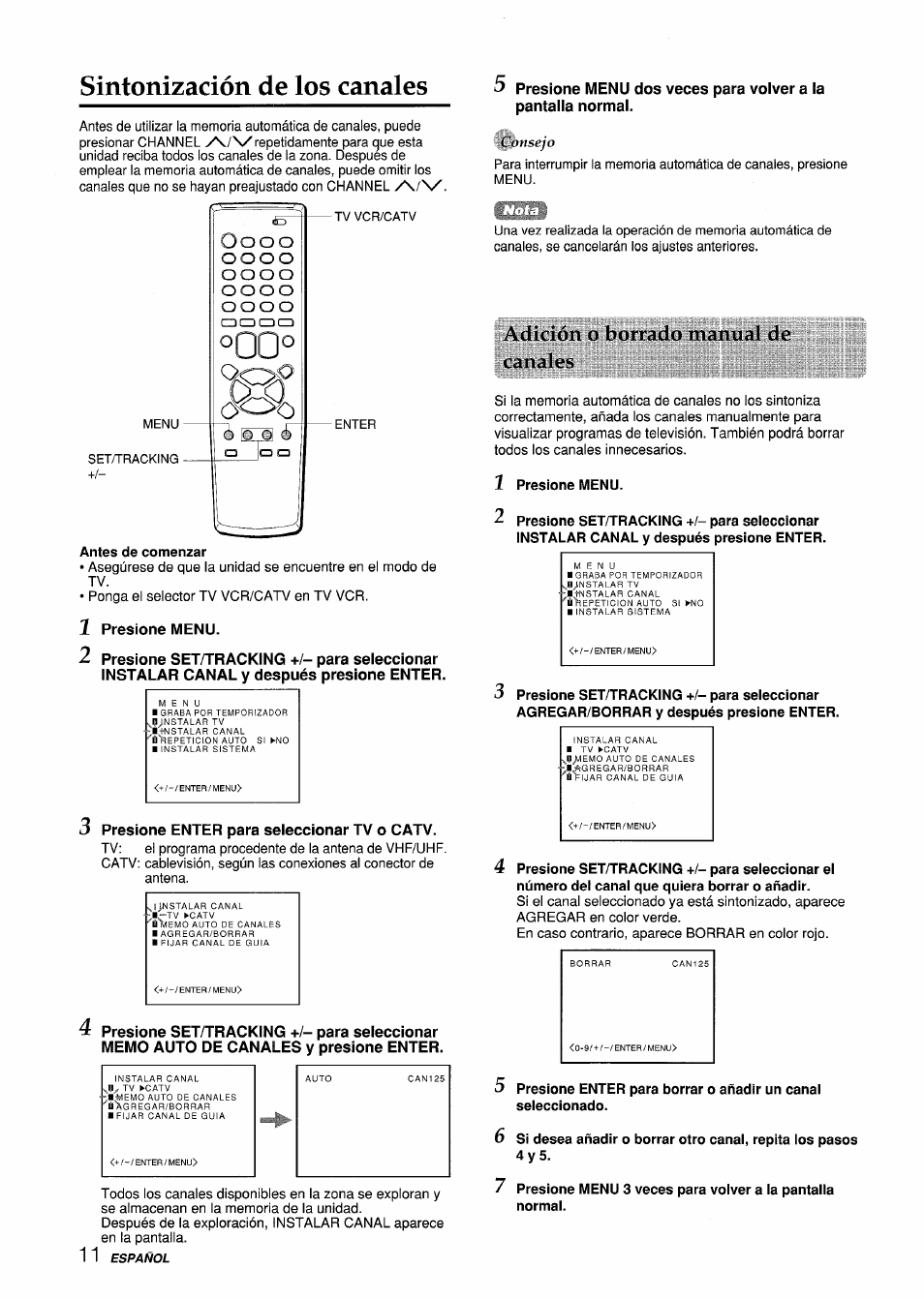 Sintonización de los canales, 1 presione menu, Presione enter para seleccionar tv o catv | Ailidón, Mtiiuul, Ca tules, Consejo | Aiwa VX-S135U User Manual | Page 48 / 110