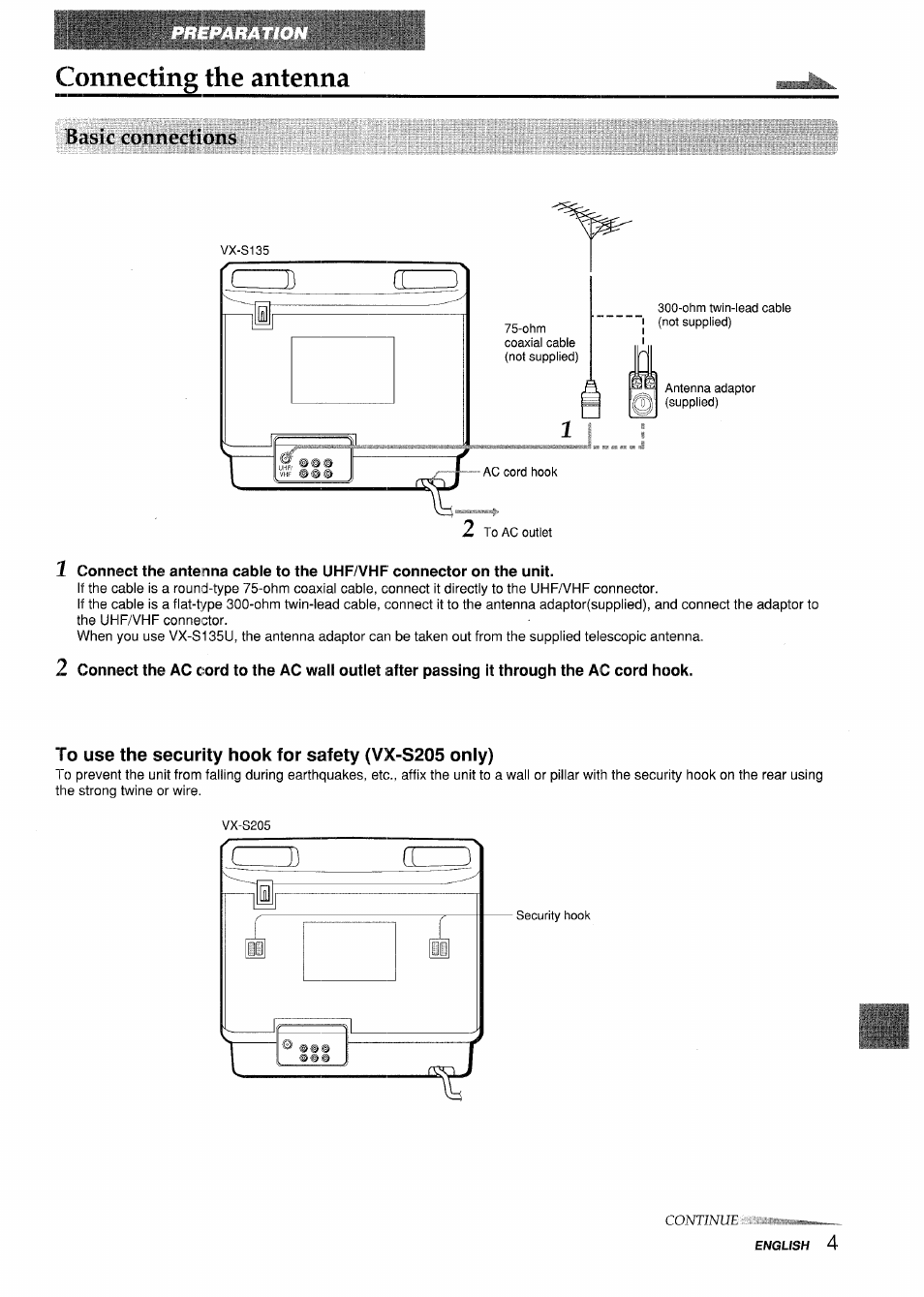 Basic connections, To use the security hook for safety (vx-s205 only), Connecting the antenna | Basic connections 1 | Aiwa VX-S135U User Manual | Page 5 / 110