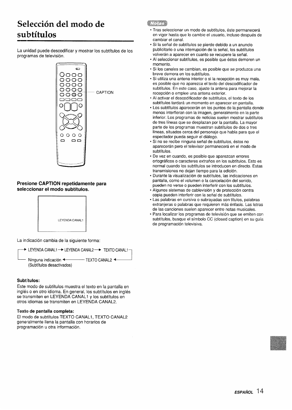 Selección del modo de subtítulos, Subtítulos, Texto de pantalla completa | Aiwa VX-S135U User Manual | Page 51 / 110