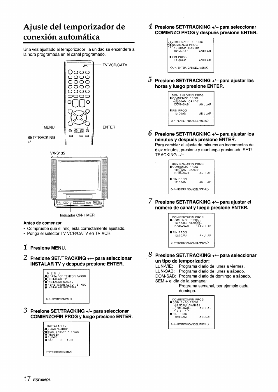 Ajuste del temporizador de conexión automática, Antes de comenzar | Aiwa VX-S135U User Manual | Page 54 / 110