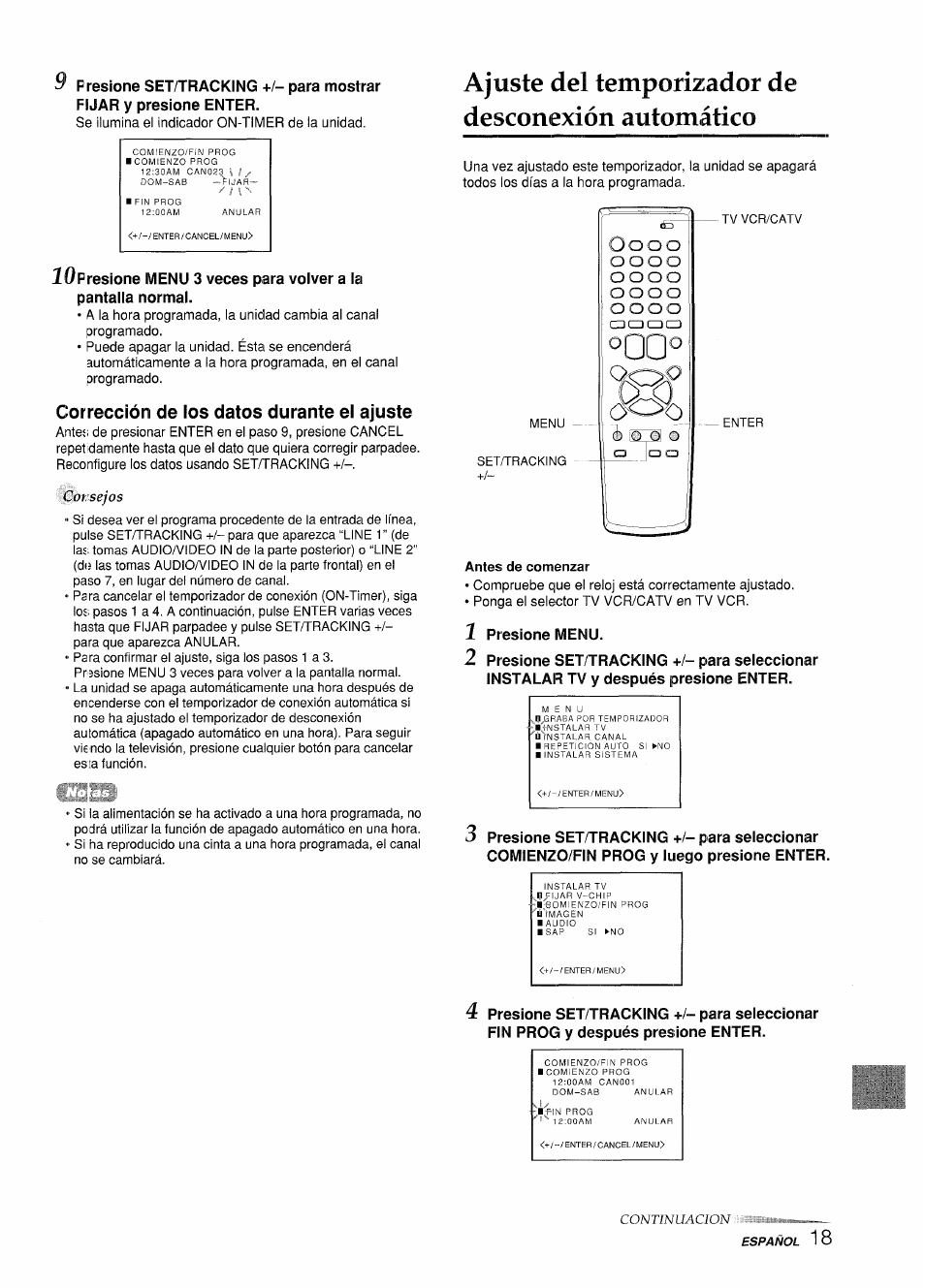 Corrección de los datos durante el ajuste, Ajuste del temporizador de desconexión automático, Antes de comenzar | Para | Aiwa VX-S135U User Manual | Page 55 / 110