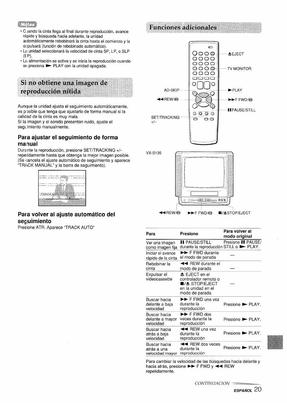 Si no obtiene una imagen de reproducción nítida, Para ajustar el seguimiento de forma manuai, Para volver al ajuste automático del seguimiento | Funciones adicionales | Aiwa VX-S135U User Manual | Page 57 / 110