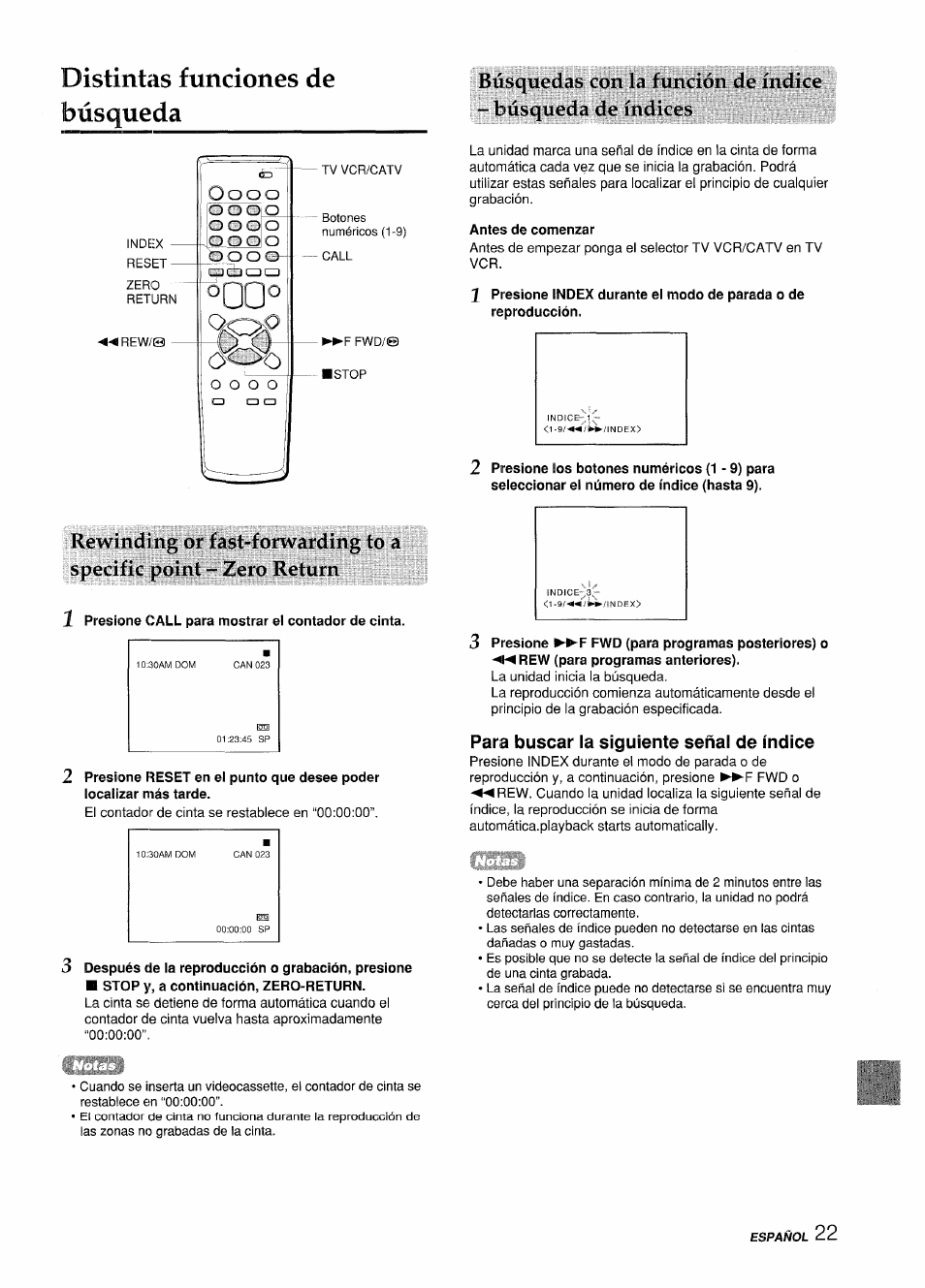 Distintas funciones de búsqueda, Para buscar la siguiente señal de índice | Aiwa VX-S135U User Manual | Page 59 / 110