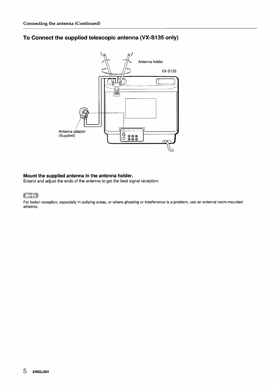 Mount the supplied antenna in the antenna holder | Aiwa VX-S135U User Manual | Page 6 / 110