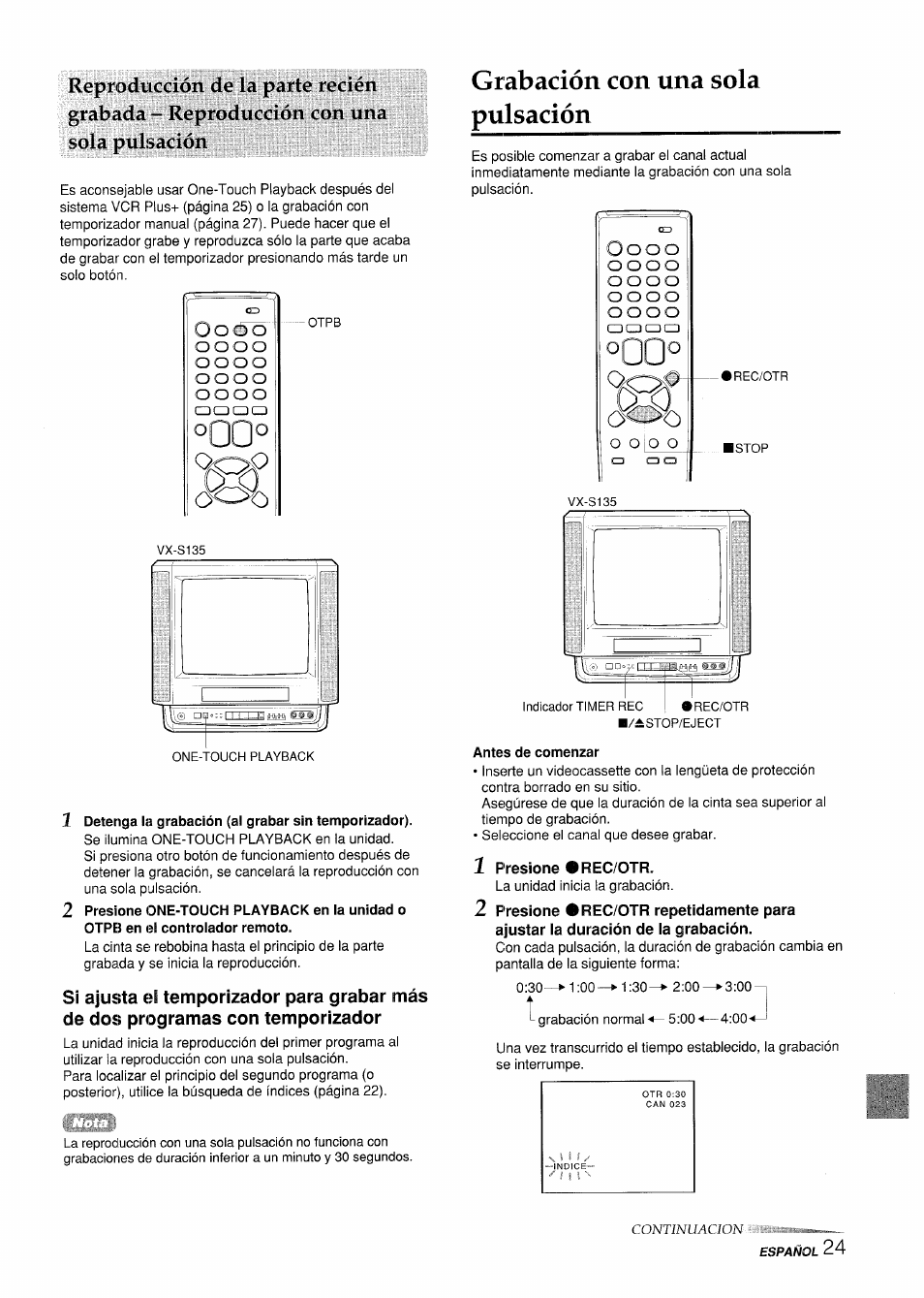 Grabación con una sola pulsación, Antes de comenzar, 1 presione •rec/otr | Oqqo, O ¡ o o | Aiwa VX-S135U User Manual | Page 61 / 110