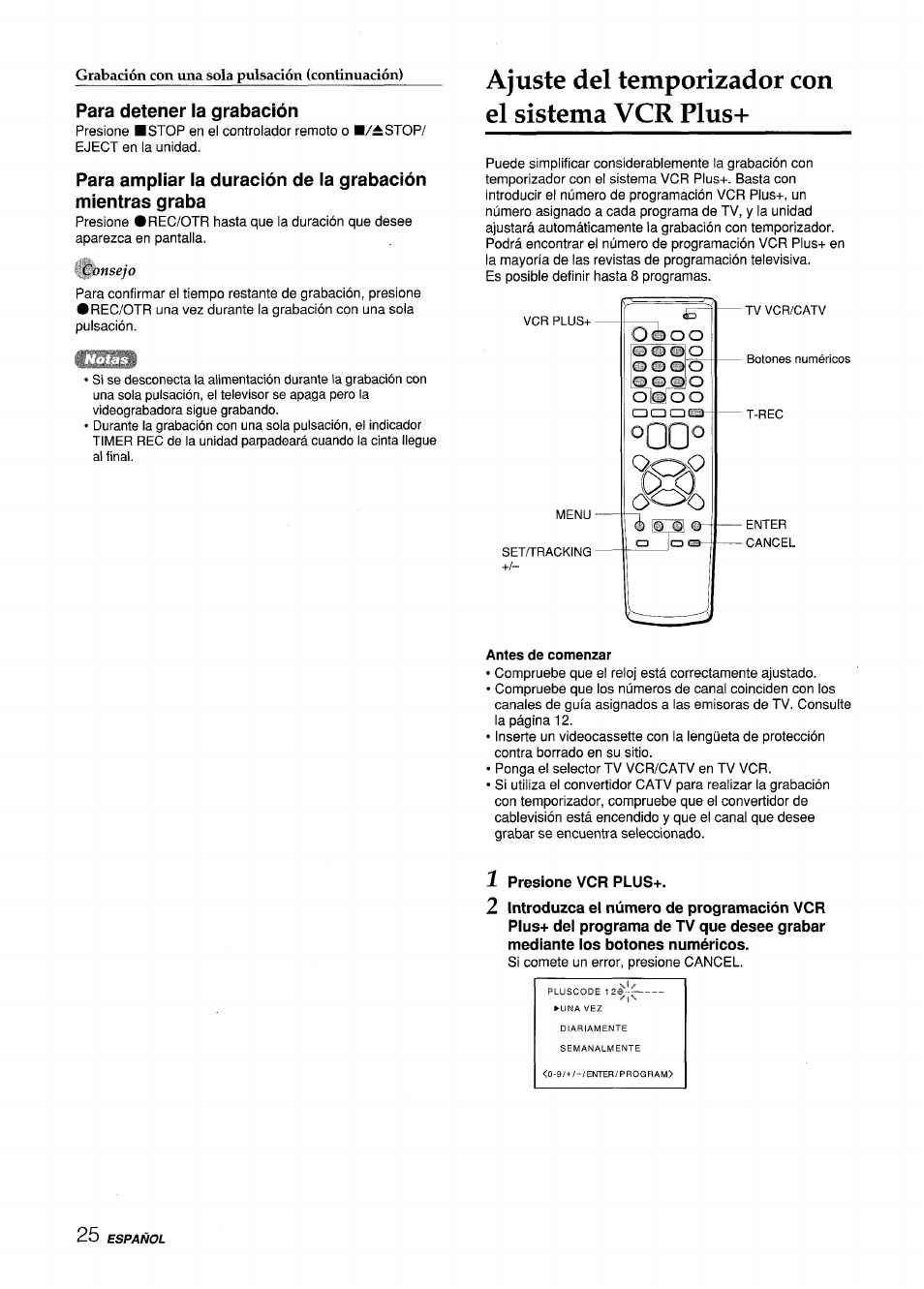 Para detener la grabación, Ajuste del temporizador con el sistema vcr plus, Antes de comenzar | Presione vcr plus | Aiwa VX-S135U User Manual | Page 62 / 110