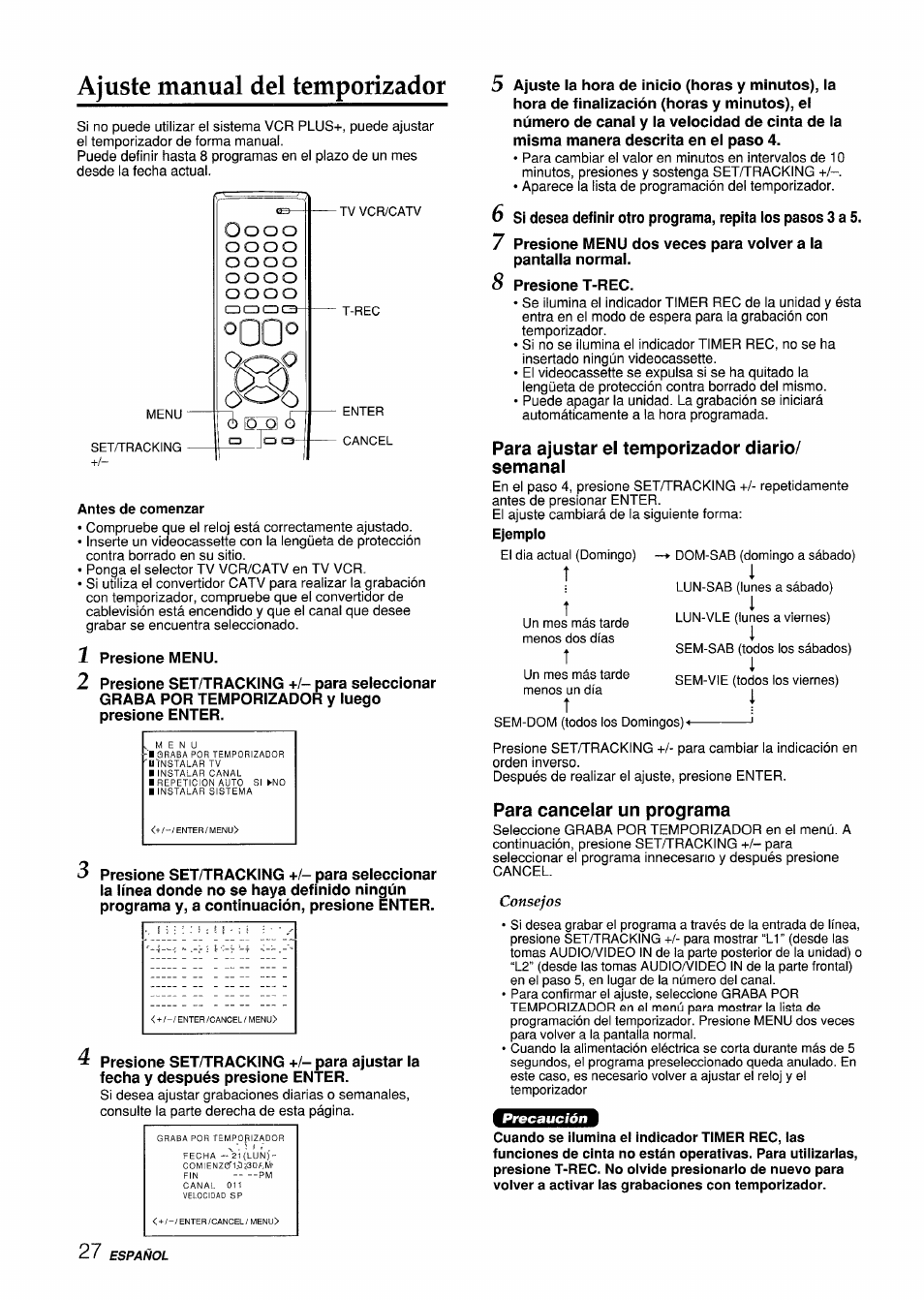 Antes de comenzar, Para ajustar el temporizador diario/ semanal, Para cancelar un programa | Ajuste manual del temporizador | Aiwa VX-S135U User Manual | Page 64 / 110