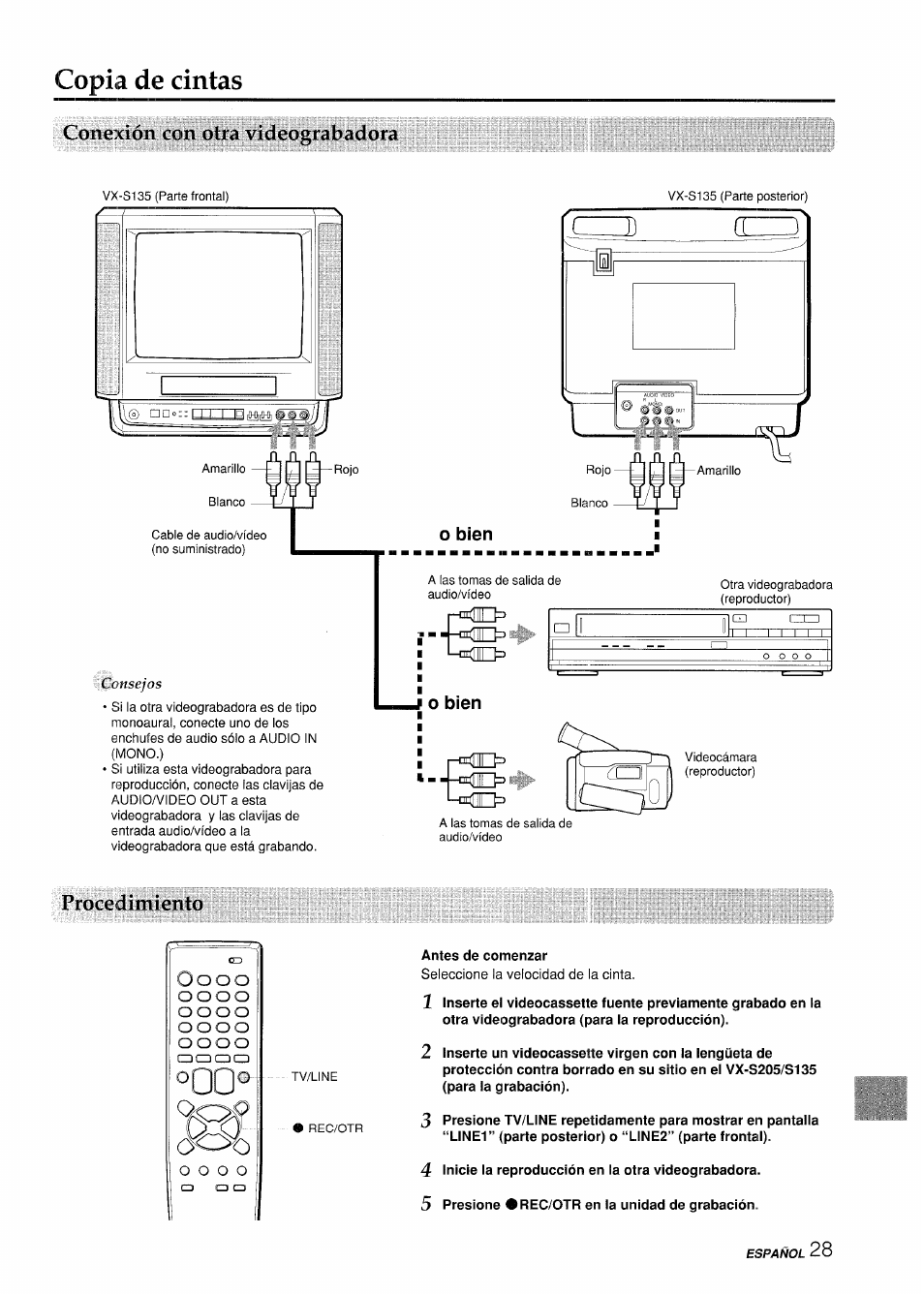 Copia de cintas, Conexión con otra videograbadora, O bien | Procedimiento, Antes de comenzar, 4 inicie ia reproducción en ia otra videograbadora, 5 presione •rec/otr en ia unidad de grabación, O o o o | Aiwa VX-S135U User Manual | Page 65 / 110