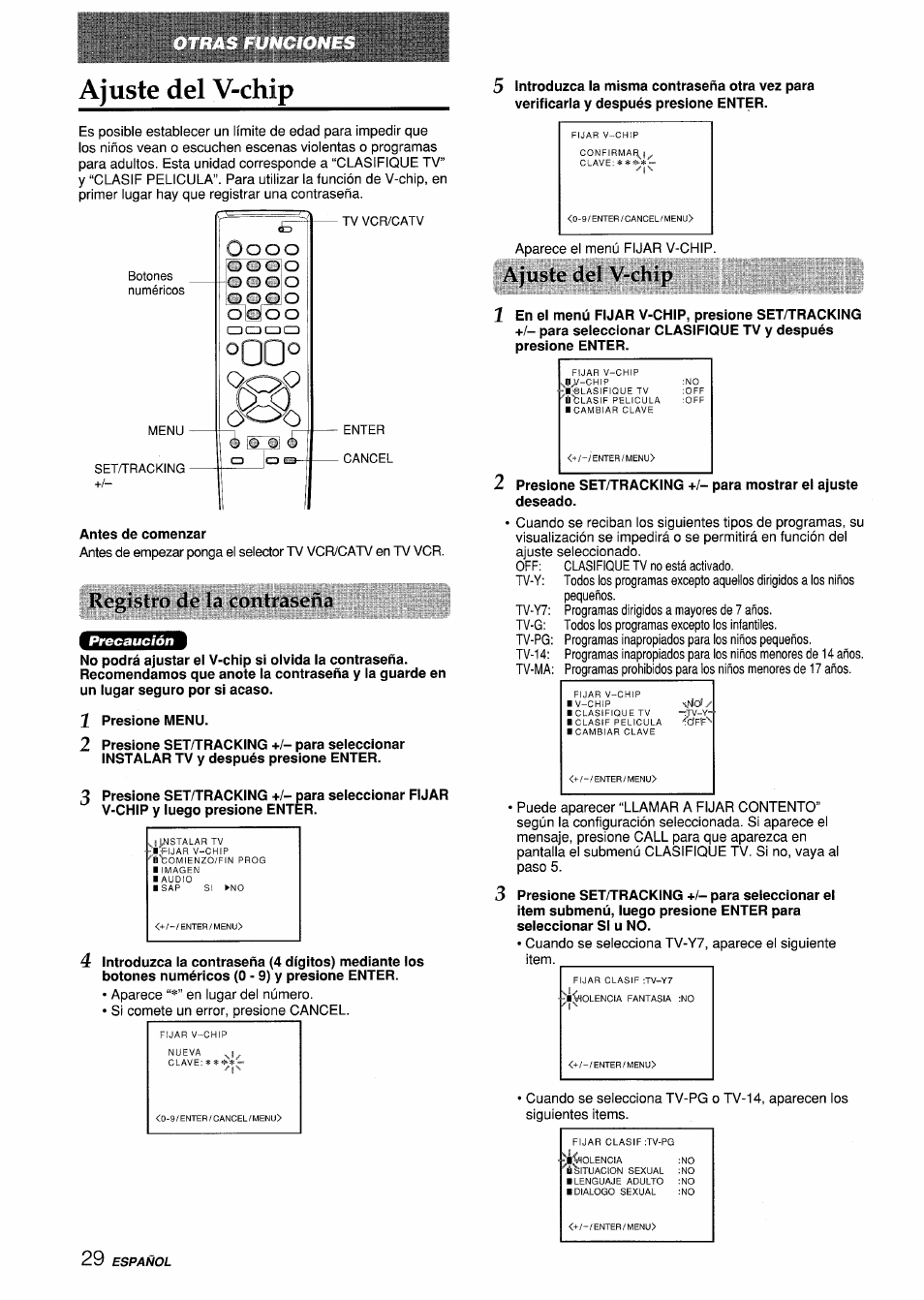 Ajuste del v-chip, Registro de in contr.iseñii | Aiwa VX-S135U User Manual | Page 66 / 110