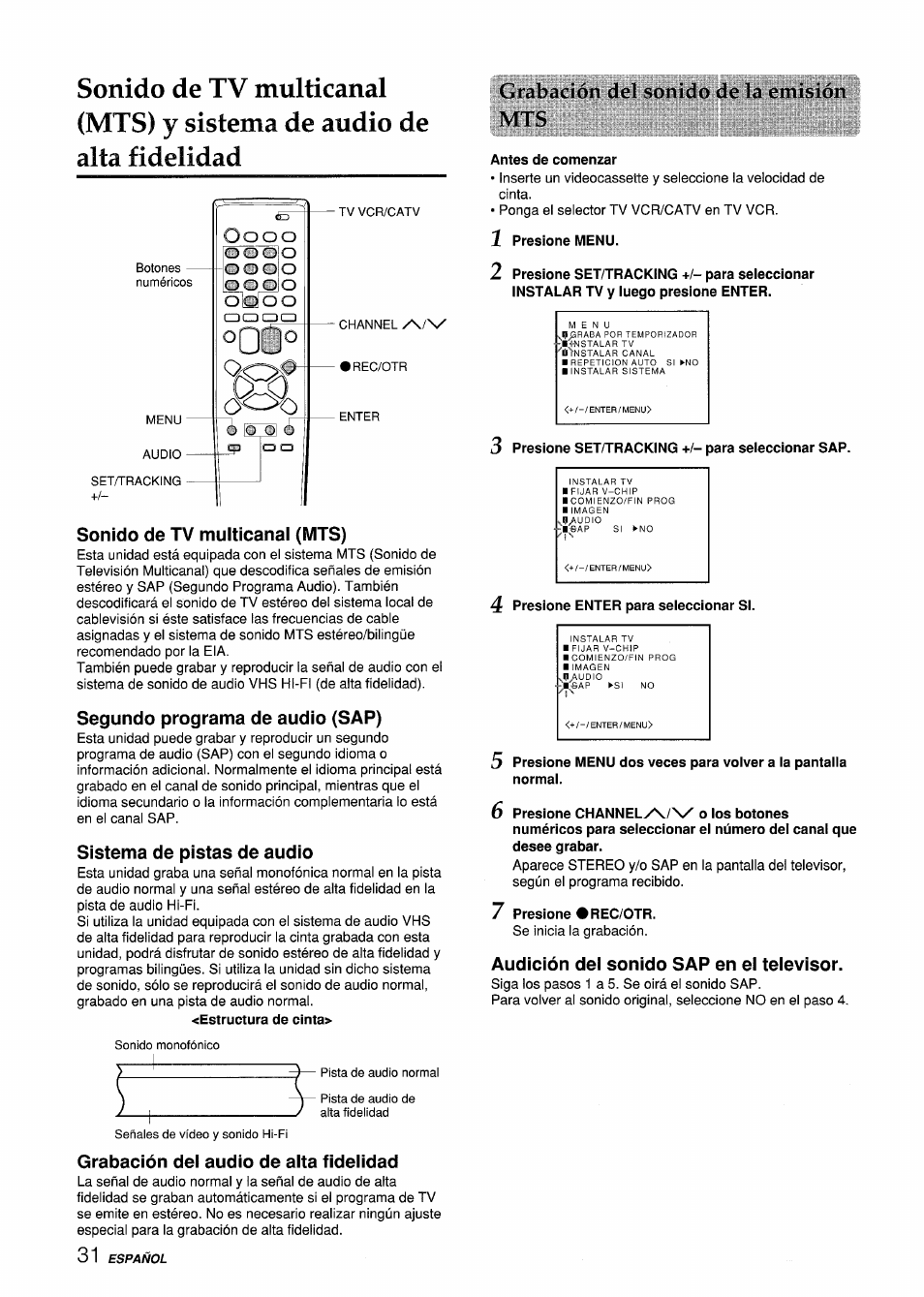 Sonido de tv multicanal (mts), Segundo programa de audio (sap), Sistema de pistas de audio | Grabación del audio de alta fidelidad, Libitllm, Antes de comenzar, 1 presione menu, 3 presione set/tracking +/- para seieccionar sap, 4 presione enter para seleccionar si, 7 presione •rec/otr | Aiwa VX-S135U User Manual | Page 68 / 110