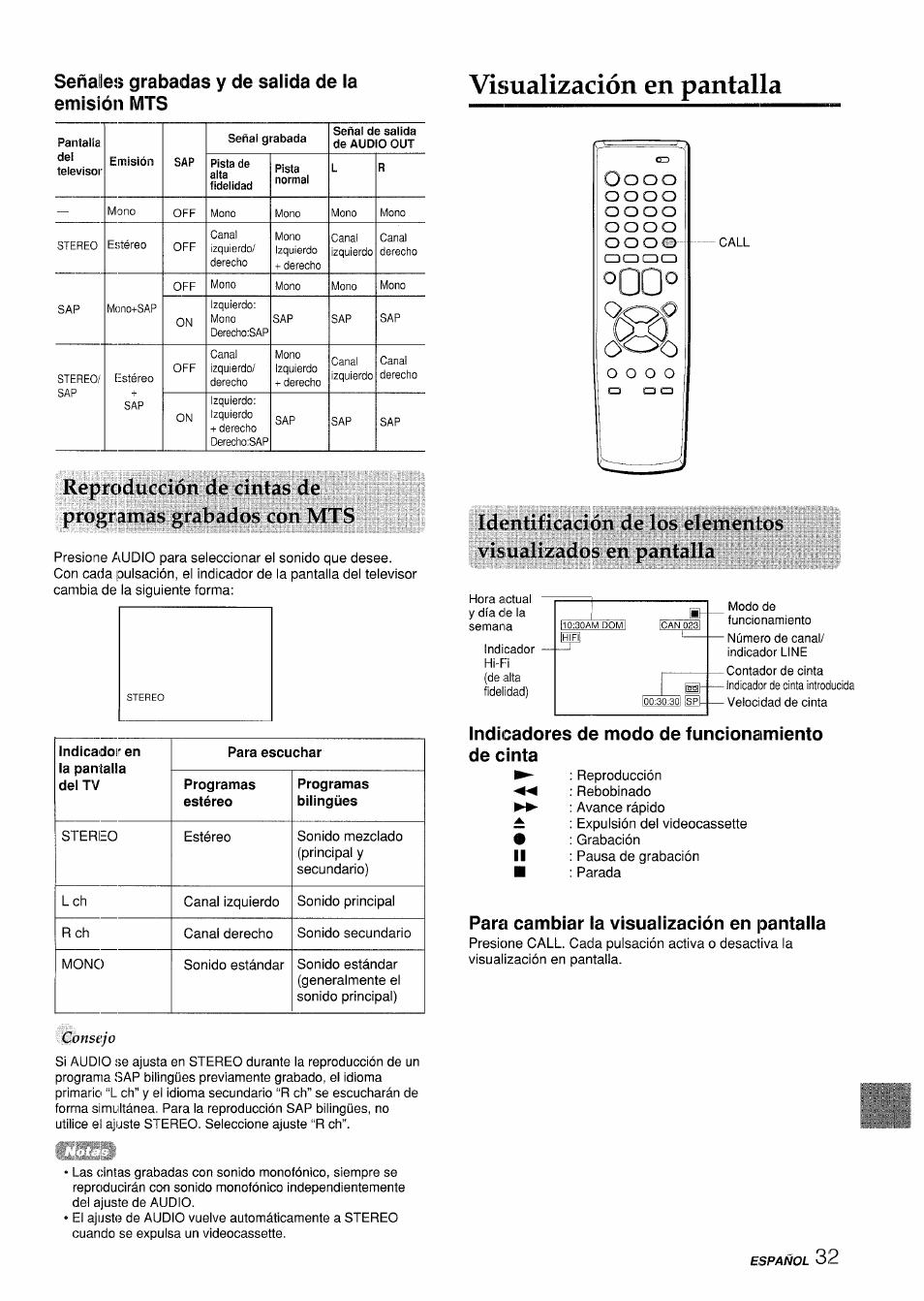 Señales grabadas y de salida de la emisión mts, Visualización en pantalla, Indicadores de modo de funcionamiento de cinta | Para cambiar la visualización en pantalla | Aiwa VX-S135U User Manual | Page 69 / 110