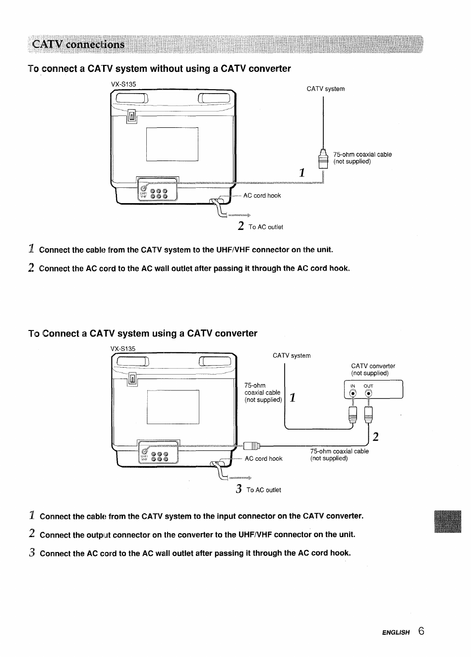 Catv conneclions, To connect a catv system using a catv converter | Aiwa VX-S135U User Manual | Page 7 / 110