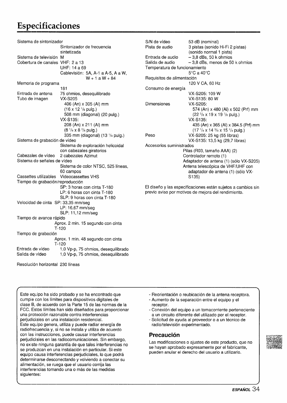 Espeidficadones, Especificaciones, Precaución | Aiwa VX-S135U User Manual | Page 71 / 110