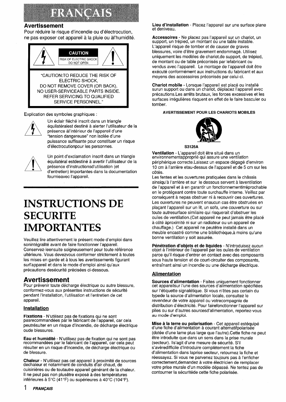 Avertissement, Installation, Alimentation | Instructions de securite importantes | Aiwa VX-S135U User Manual | Page 74 / 110