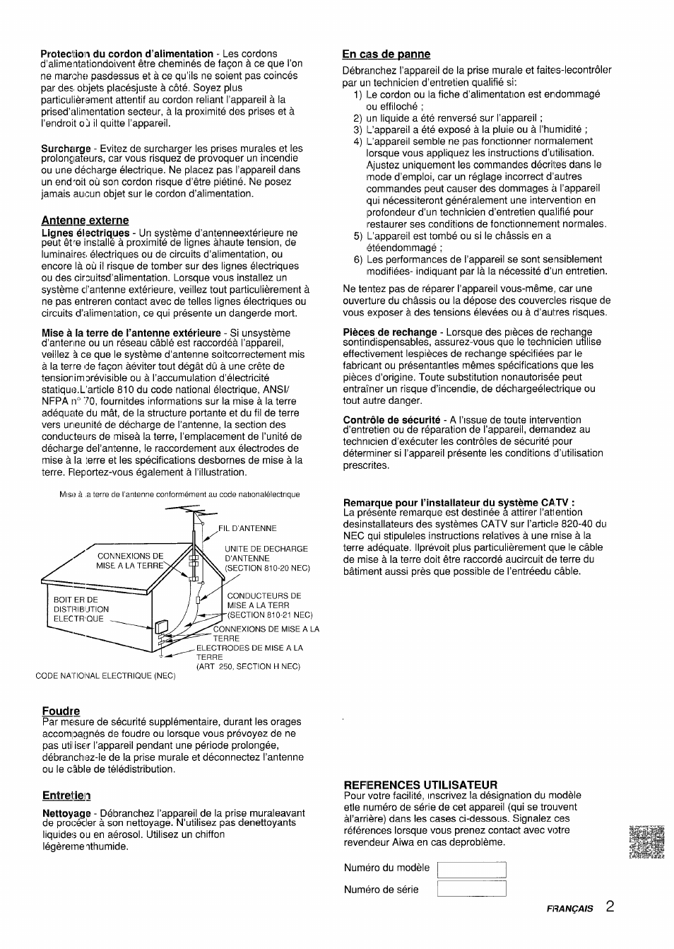 Antenne externe, En cas de panne, Remarque pour i’instaliateur du système catv | Foudre, Entretien | Aiwa VX-S135U User Manual | Page 75 / 110