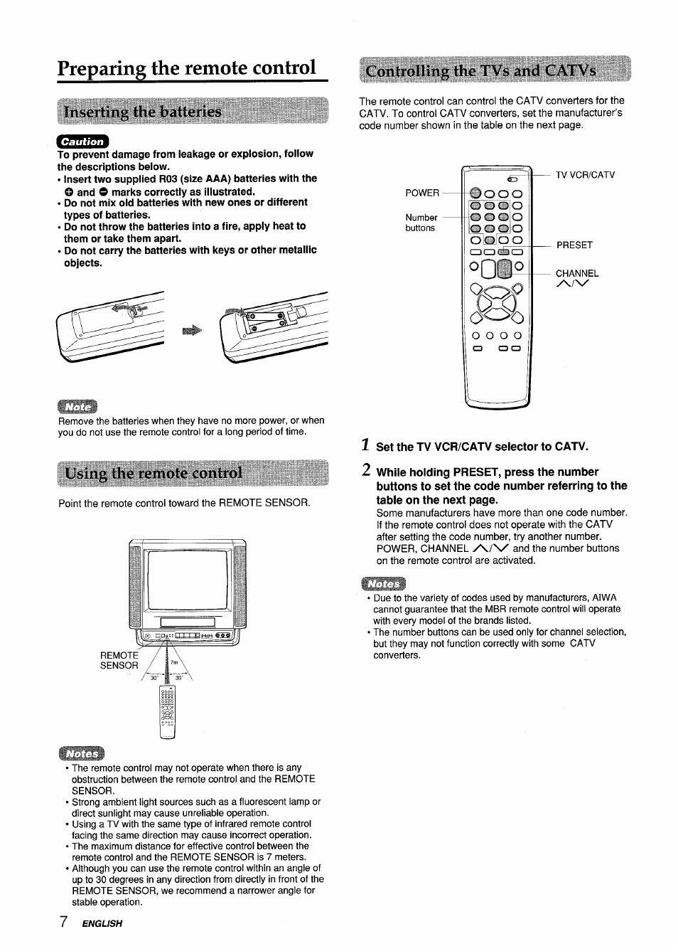 Inserting the batteries, Using iho remote control, Set the tv vcr/catv selector to catv | Preparing the remote control | Aiwa VX-S135U User Manual | Page 8 / 110