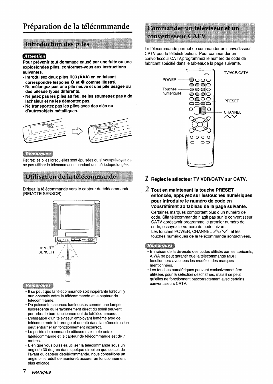 Préparation de la télécommande, Introduction des piles tiismss, Commander un téléviseur et un convcrti.ssour catv | Utilisation de la télécommande, Préparation de l’antenne, Introduction des piles | Aiwa VX-S135U User Manual | Page 80 / 110