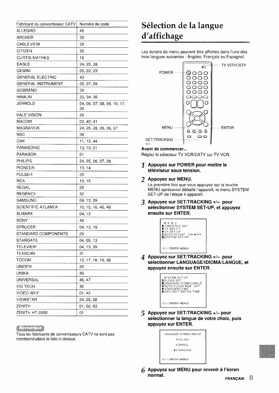 Sélection de la langue, D'affichage | Aiwa VX-S135U User Manual | Page 81 / 110