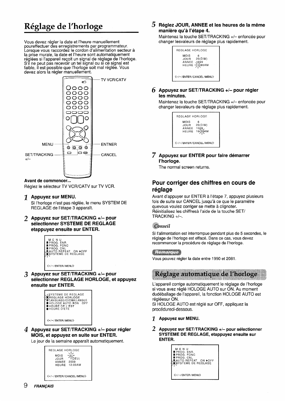 Réglage de l'horloge, Pour corriger des chiffres en cours de réglage, Réglage automatique de l'horloge | 2 appuyez sur menu, Réglage de l’horloge | Aiwa VX-S135U User Manual | Page 82 / 110