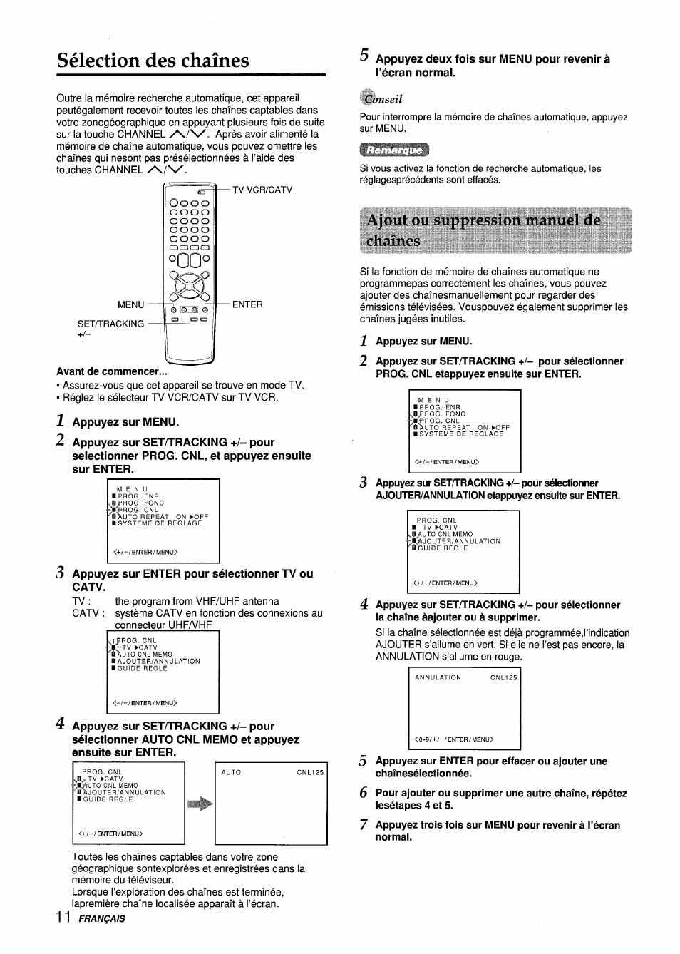 Sélection des chaînes, Ajout ou suppression manuel de chaînes | Aiwa VX-S135U User Manual | Page 84 / 110