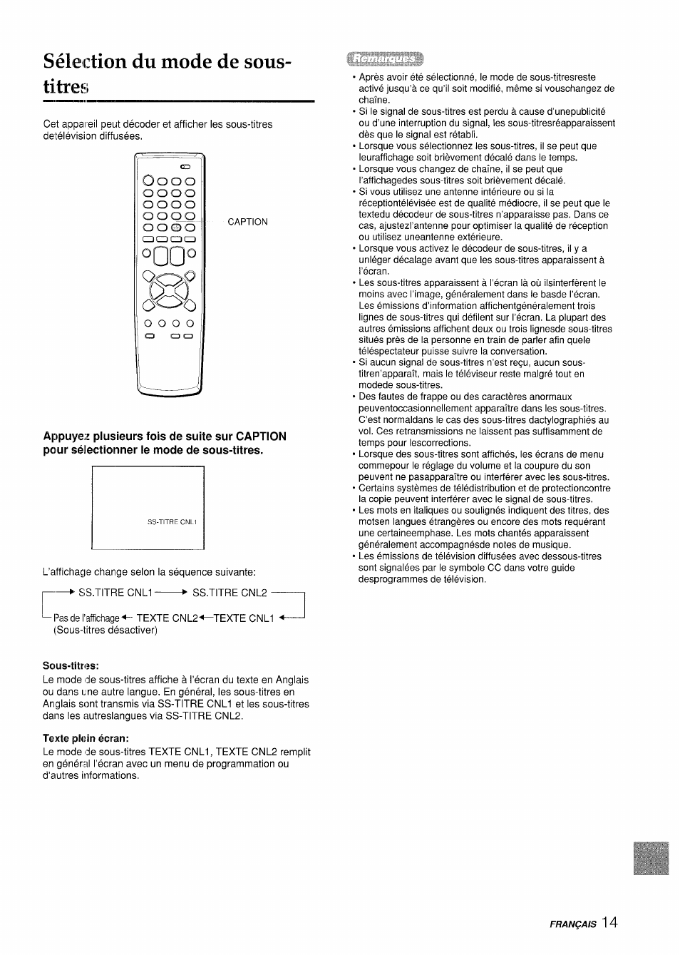 Sous-titres, Te:icte plein écran, Sélection du mode de sous- titreîi | Ü o o o | Aiwa VX-S135U User Manual | Page 87 / 110