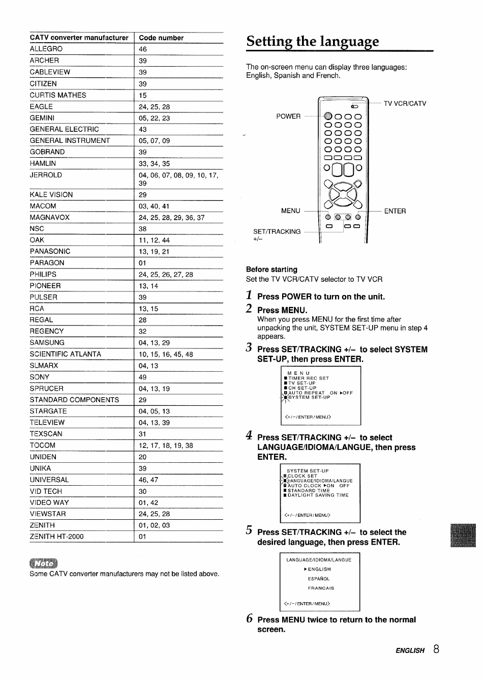 Before starting, Setting the language | Aiwa VX-S135U User Manual | Page 9 / 110