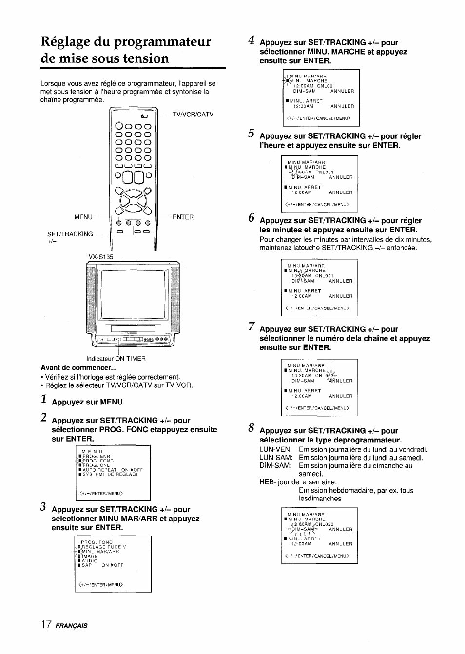 Réglage du programmateur de mise sous tension, Avant de commencer | Aiwa VX-S135U User Manual | Page 90 / 110