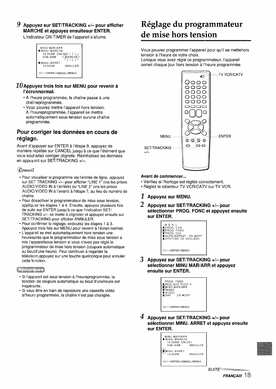 Pour corriger les données en cours de réglage, Réglage du programmateur de mise hors tension, Avant de commencer | Réglage du programmateur d’extinction | Aiwa VX-S135U User Manual | Page 91 / 110