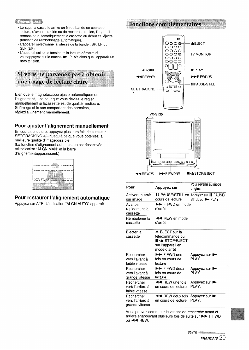 Pour ajuster l’alignement manuellement, Fonctions complémentaires, Pour restaurer l’alignement automatique | Aiwa VX-S135U User Manual | Page 93 / 110