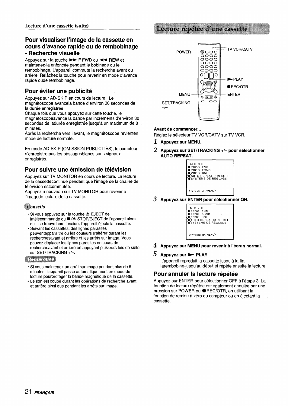 Pour éviter une publicité, Pour suivre une émission de télévision, Pour annuler la lecture répétée | Aiwa VX-S135U User Manual | Page 94 / 110