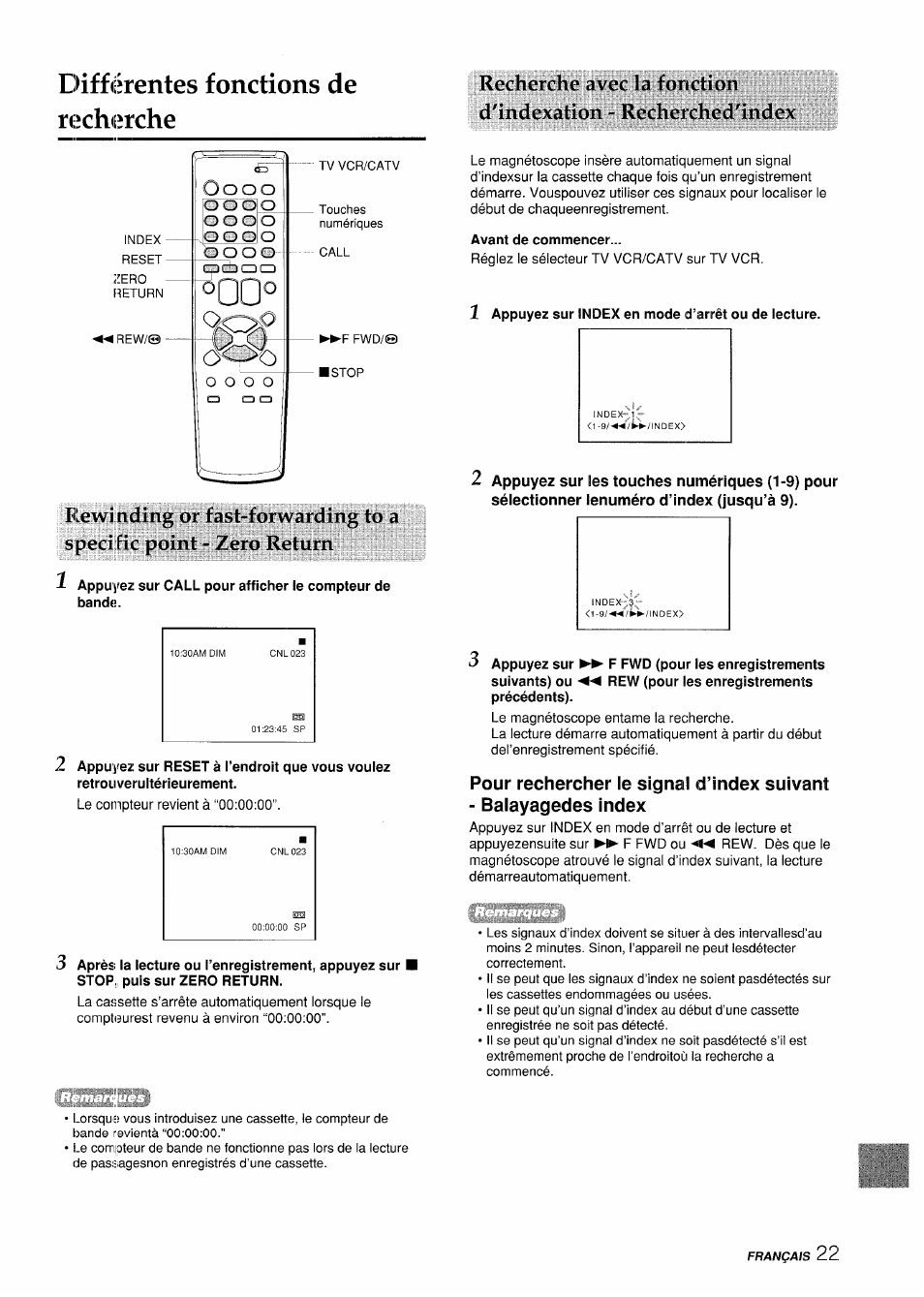 Différentes fonctions de recherche, Avant de commencer, 1 appuyez sur index en mode d’arrêt ou de lecture | O o o o | Aiwa VX-S135U User Manual | Page 95 / 110